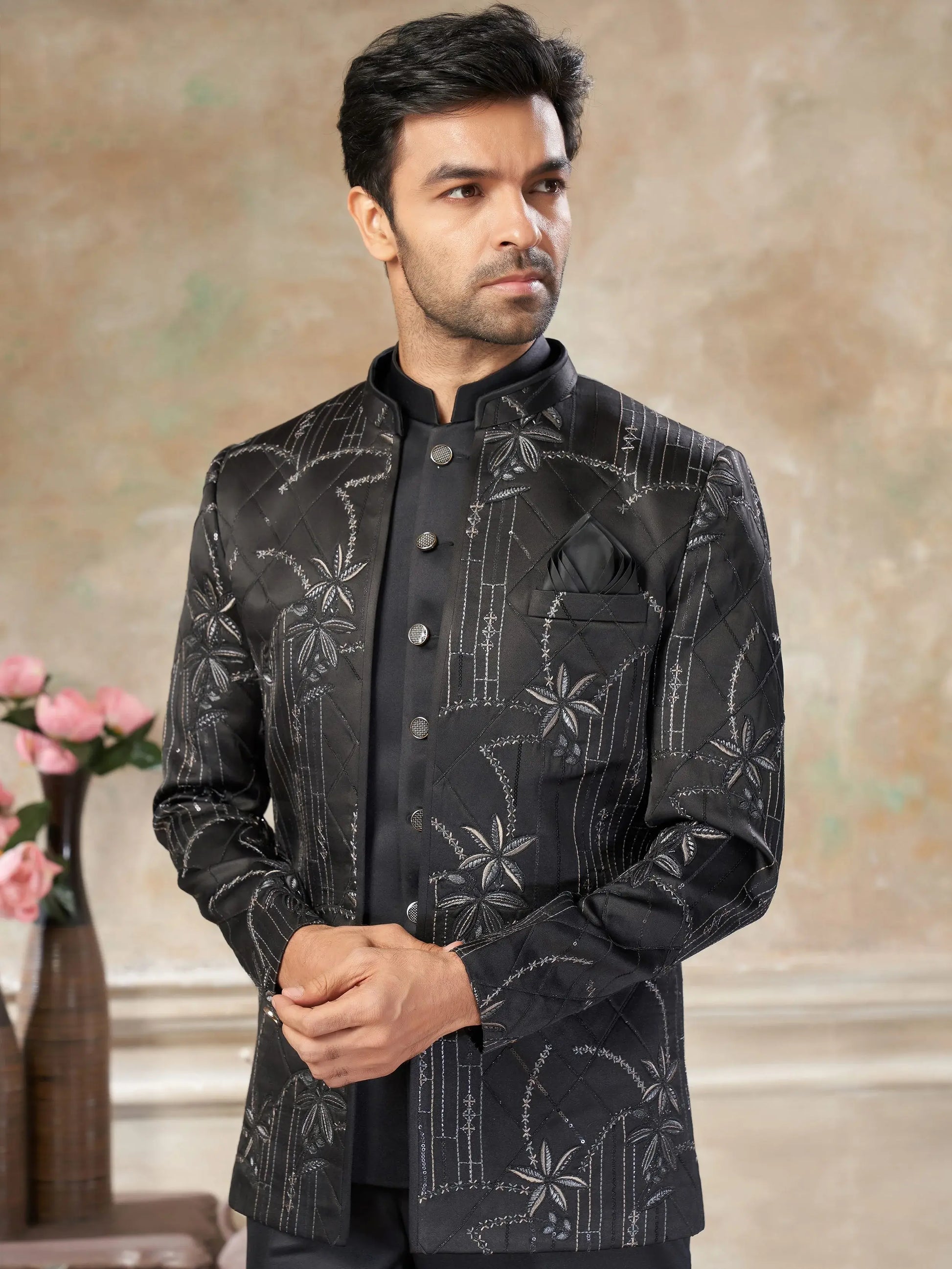 Stylish Black Embroidered Imported Party Wear Jothpuri Set For Men