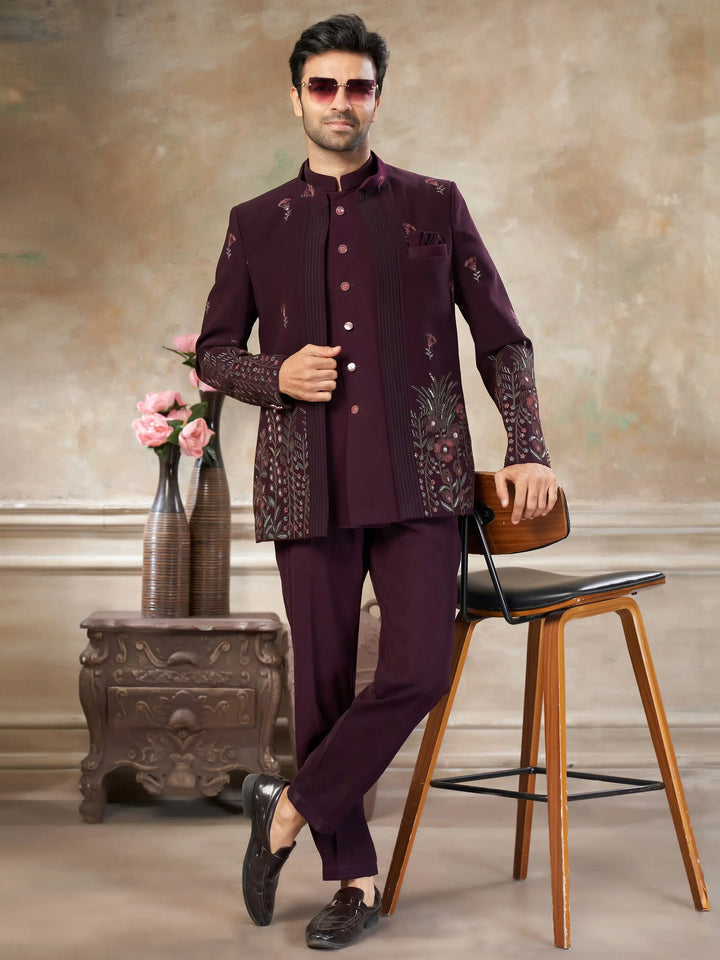 Impressive Wine Floral Embroidered Imported Reception Wear Jothpuri Set For Men