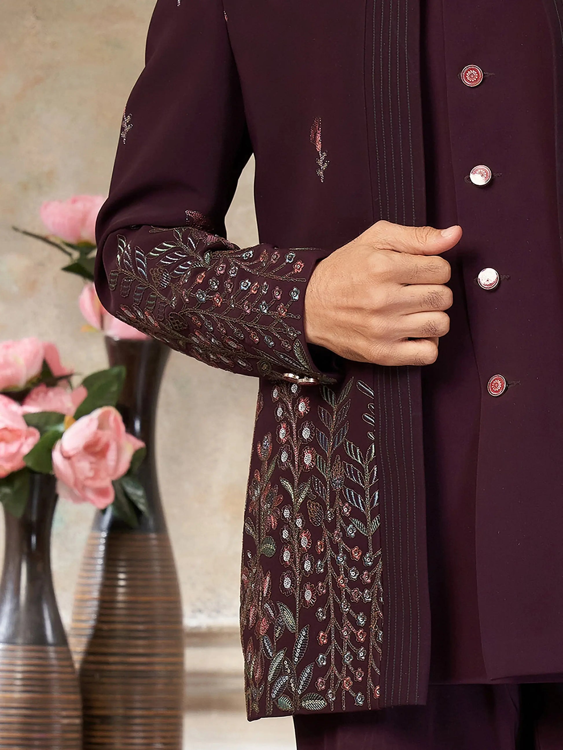 Impressive Wine Floral Embroidered Imported Reception Wear Jothpuri Set For Men