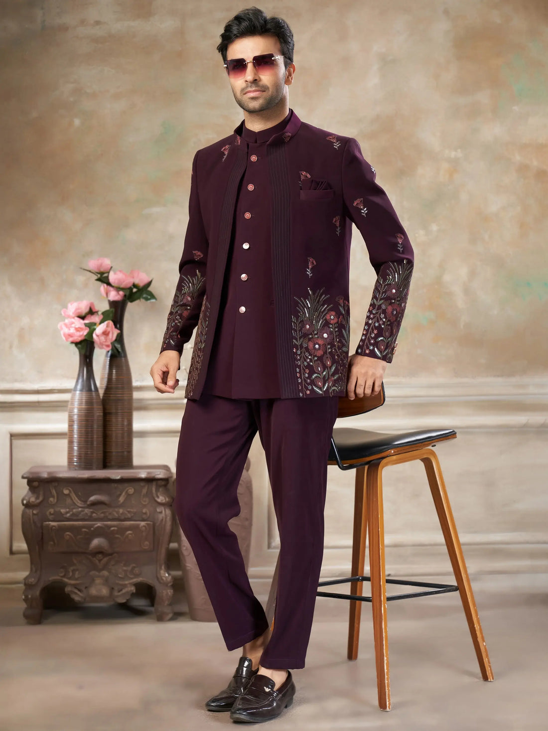 Impressive Wine Floral Embroidered Imported Reception Wear Jothpuri Set For Men