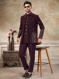 Impressive Wine Floral Embroidered Imported Reception Wear Jothpuri Set For Men