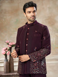 Impressive Wine Floral Embroidered Imported Reception Wear Jothpuri Set For Men
