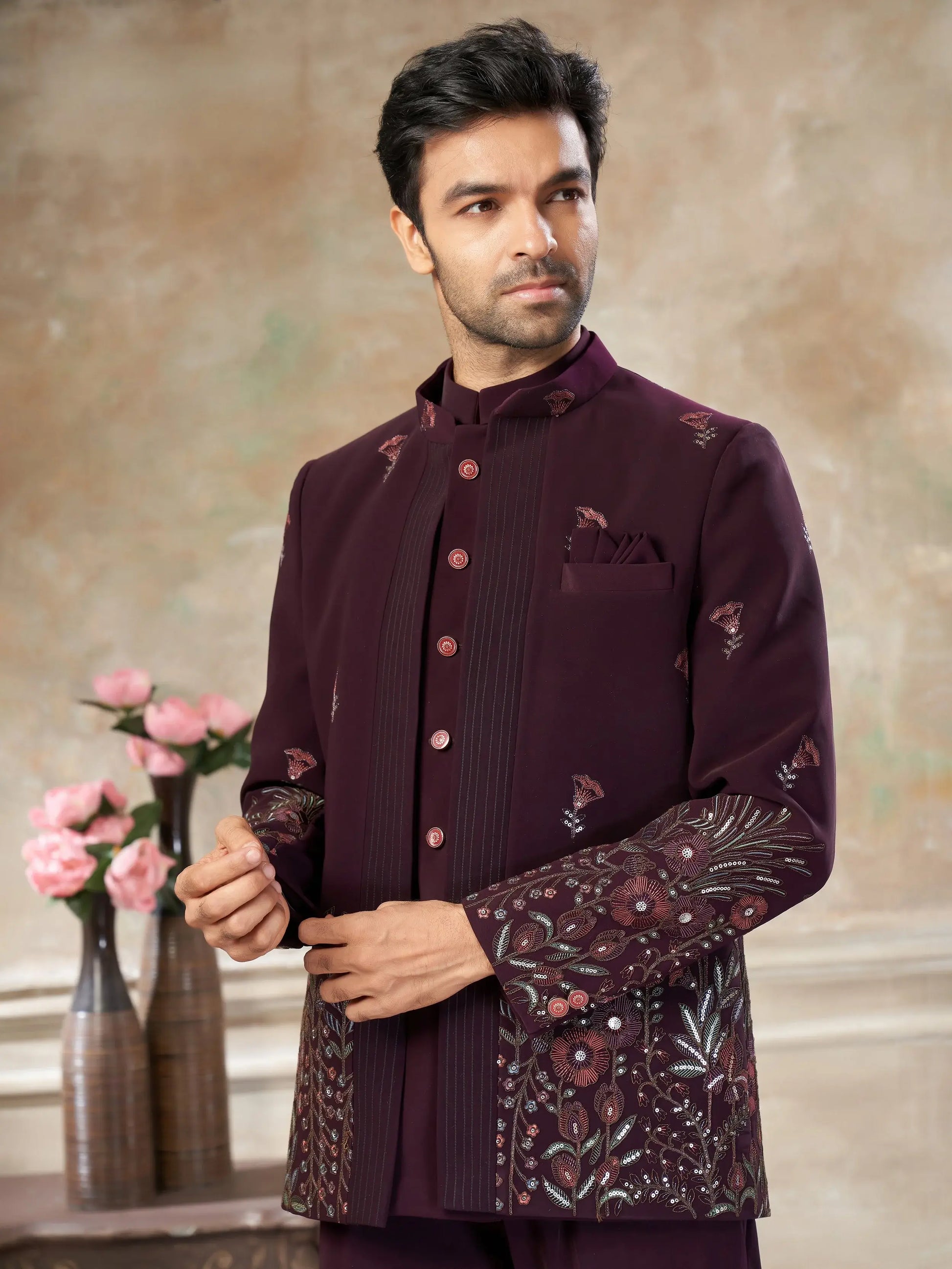 Impressive Wine Floral Embroidered Imported Reception Wear Jothpuri Set For Men