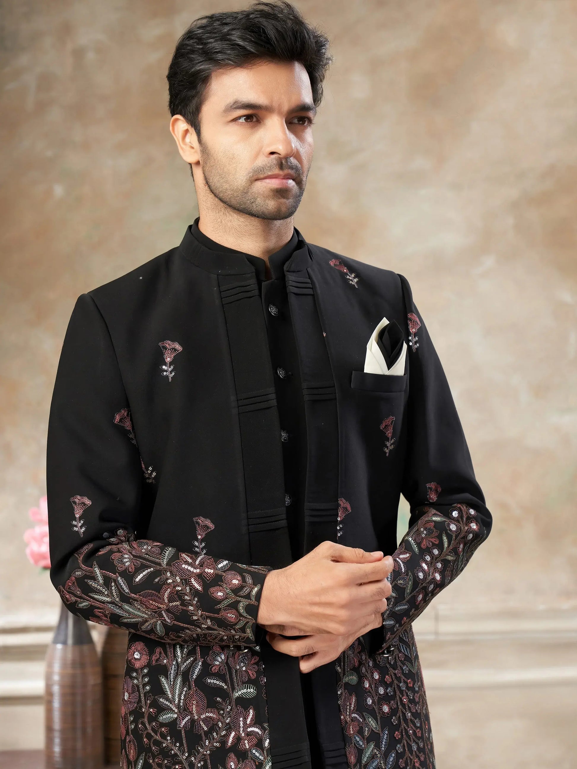 Majestic Black Embroidered Imported Cocktail Wear Jothpuri Set For Men