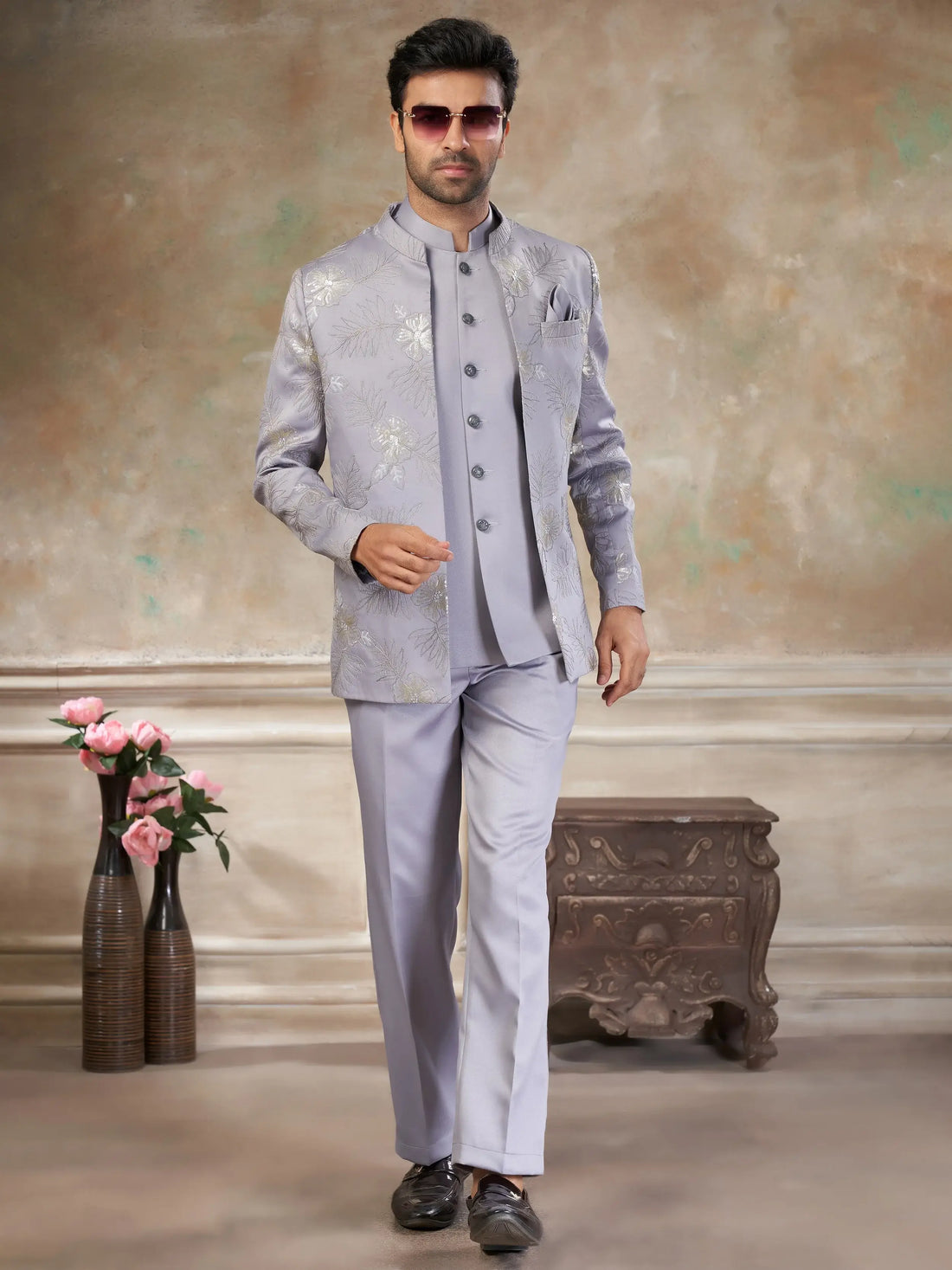 Fascinating Grey Sequins Imported Sangeet Wear Jothpuri Set For Men