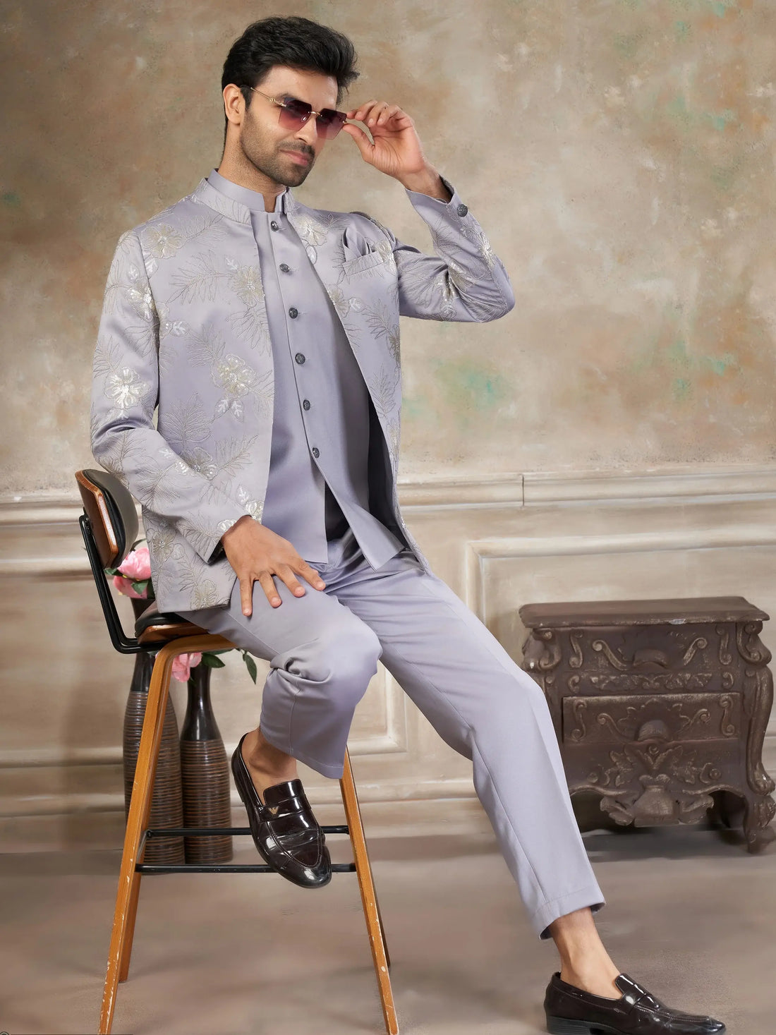 Fascinating Grey Sequins Imported Sangeet Wear Jothpuri Set For Men