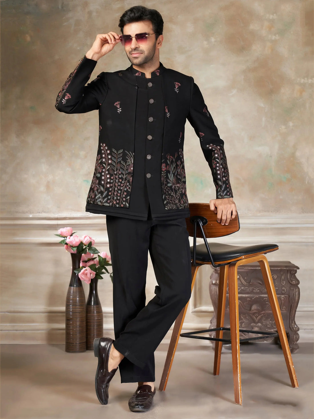 Splendid Black Thread Work Imported Wedding Wear Jothpuri Set For Men