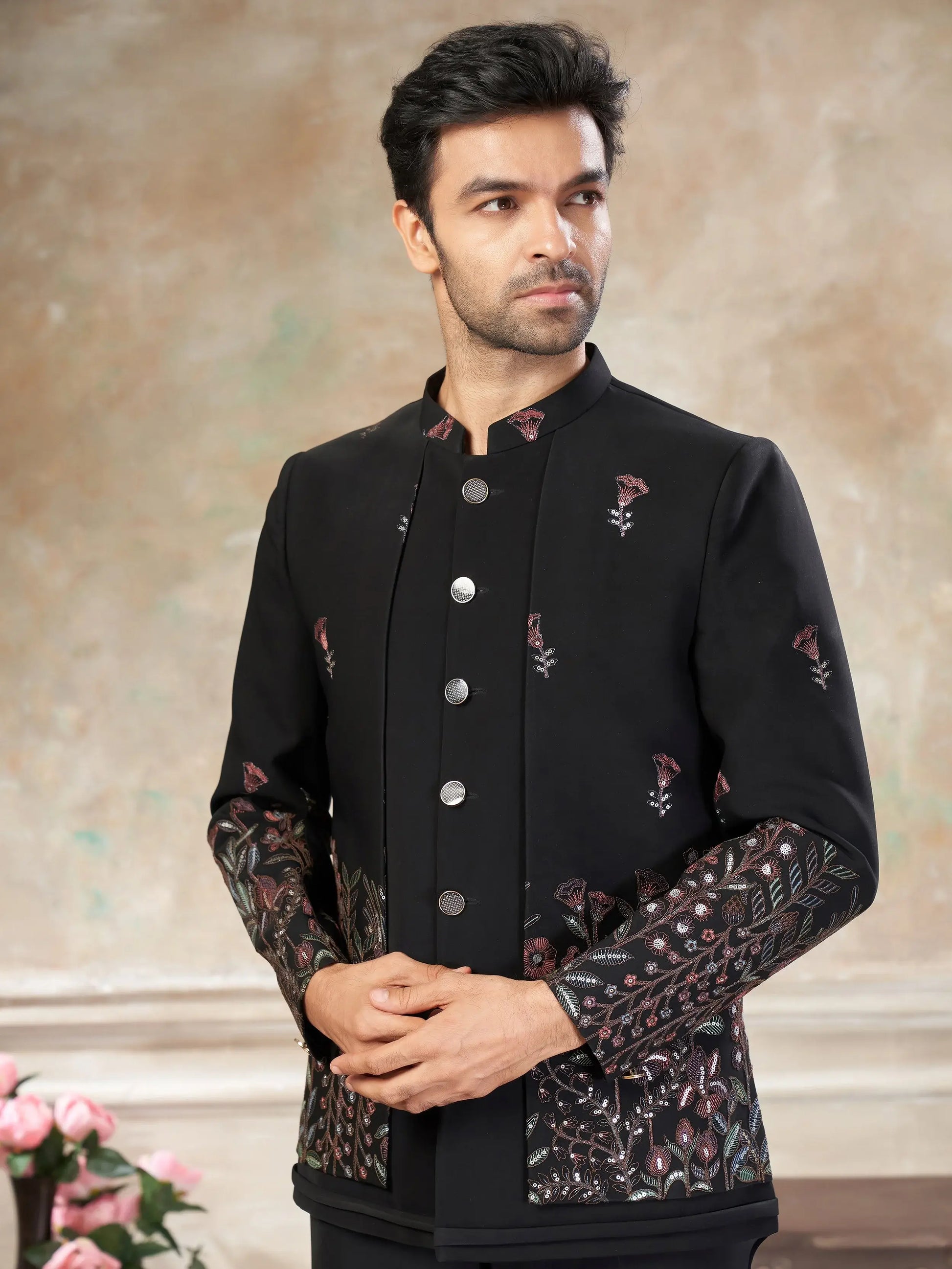 Splendid Black Thread Work Imported Wedding Wear Jothpuri Set For Men