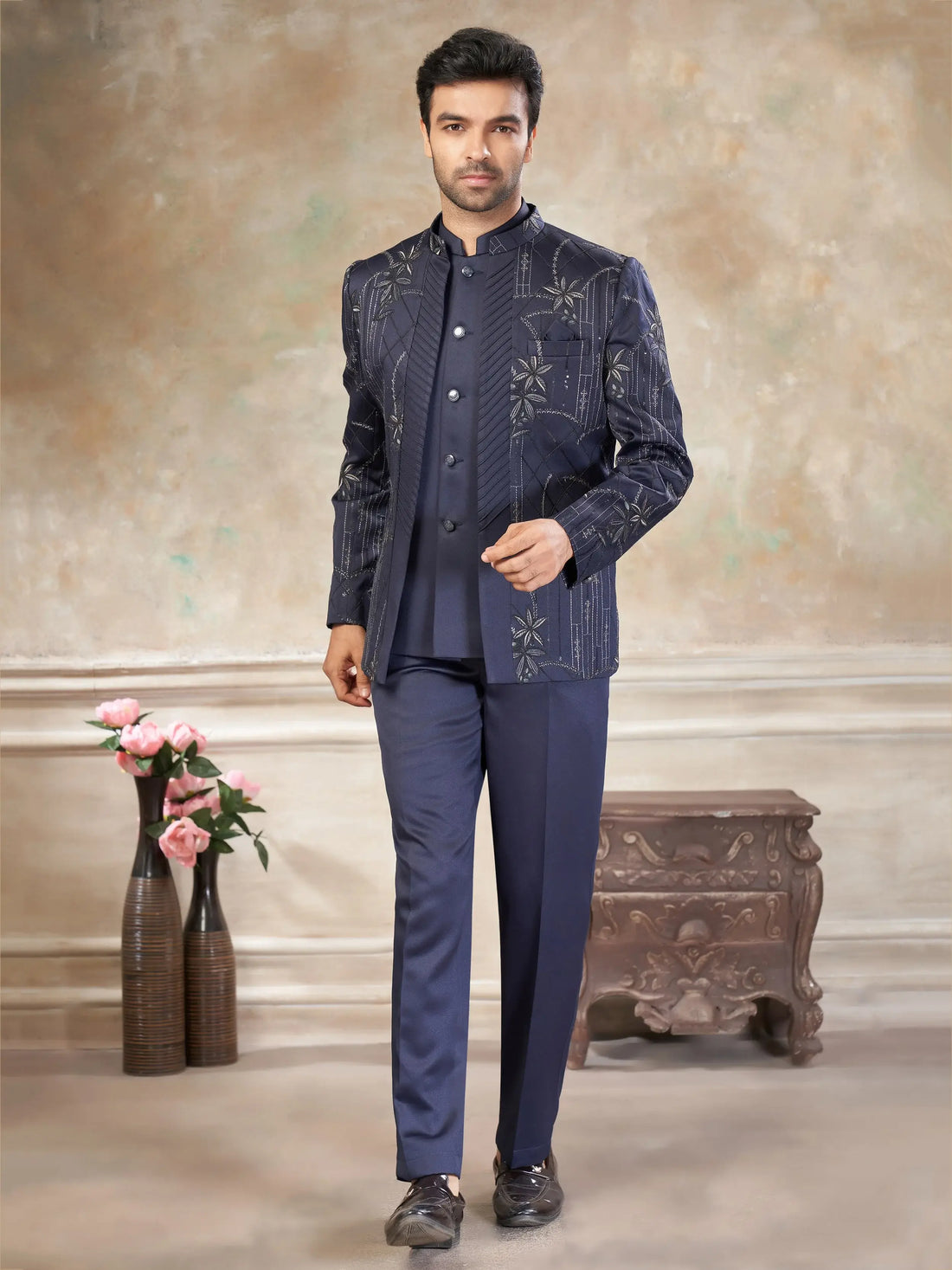 Glorious Dark Grey Thread Embroidery Imported Cocktail Wear Jothpuri Set For Men