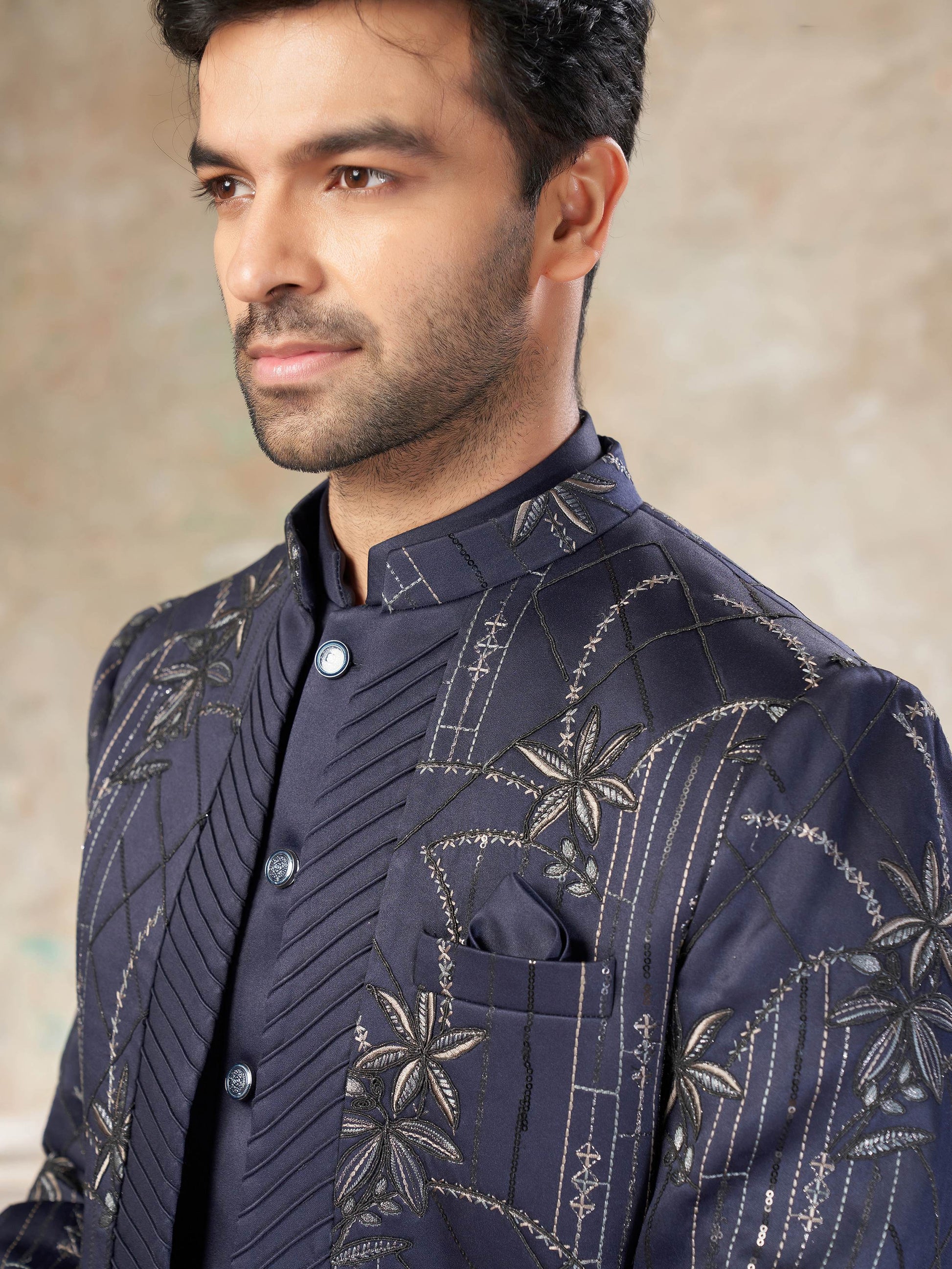 Glorious Dark Grey Thread Embroidery Imported Cocktail Wear Jothpuri Set For Men