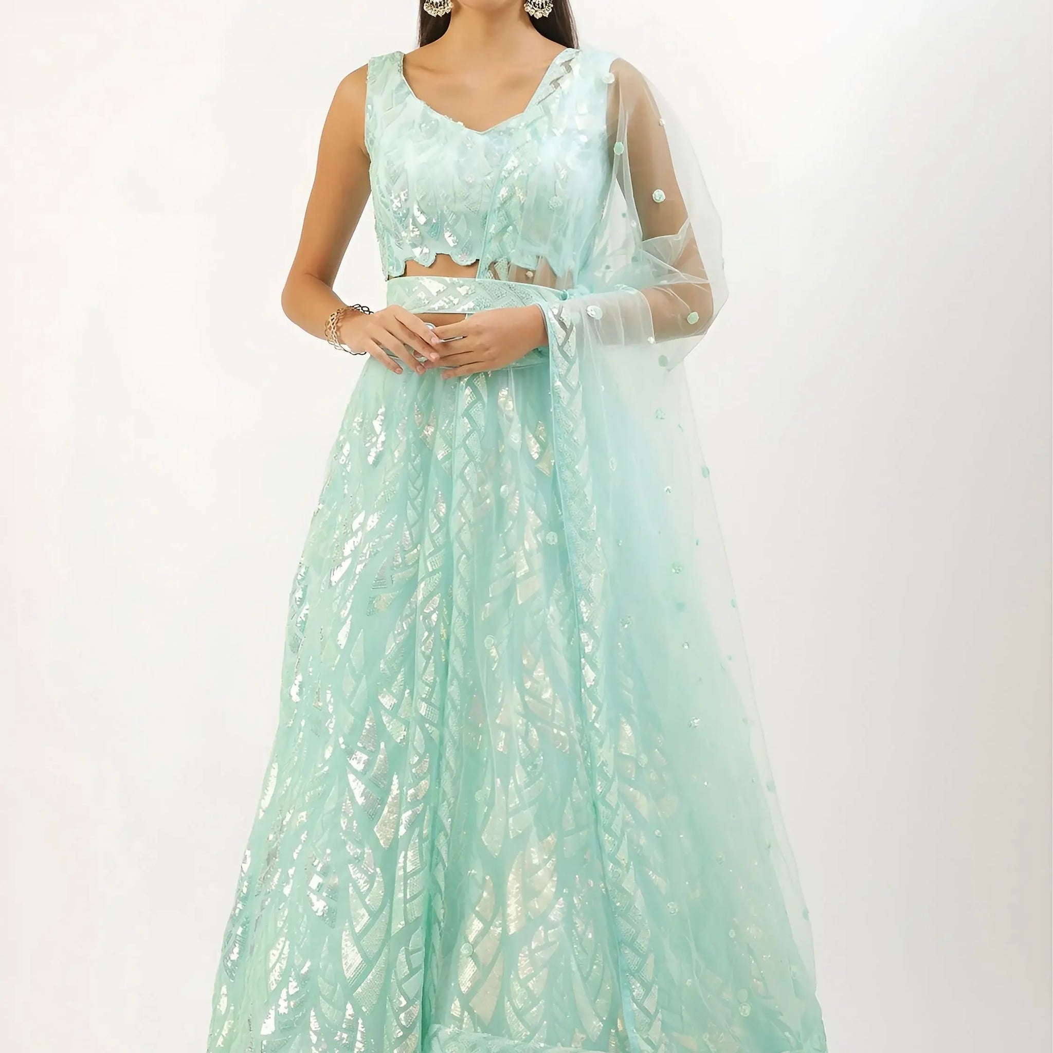 Attractive Sky Blue Sequins Net Designer Lehenga Choli With Dupatta