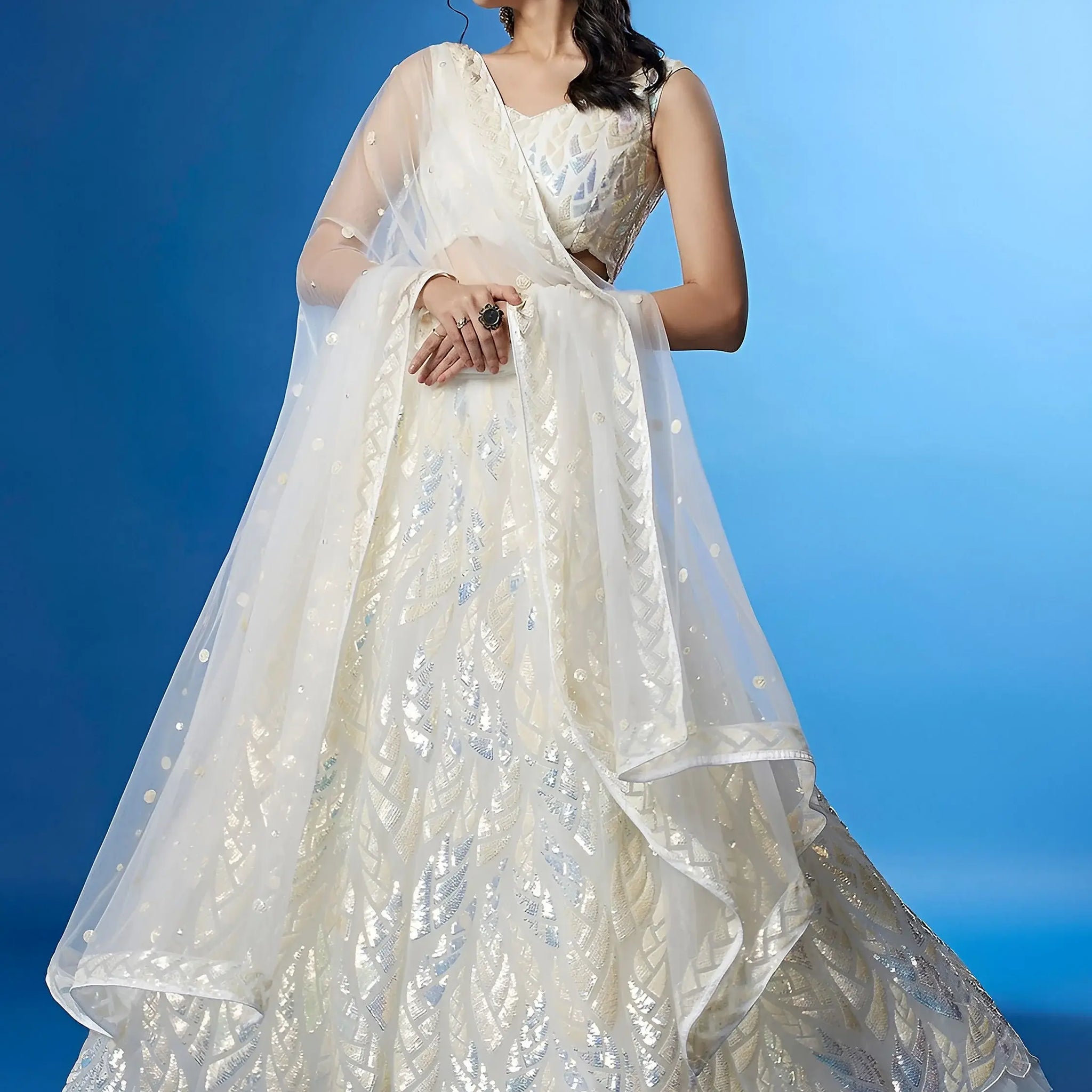 Exquisite White Sequins Net Sangeet Wear Lehenga Choli With Dupatta