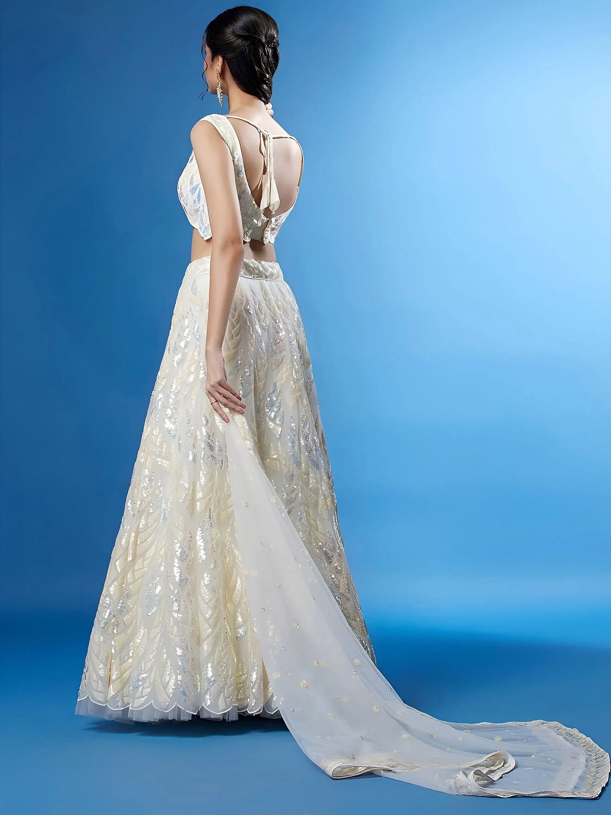 Exquisite White Sequins Net Sangeet Wear Lehenga Choli With Dupatta