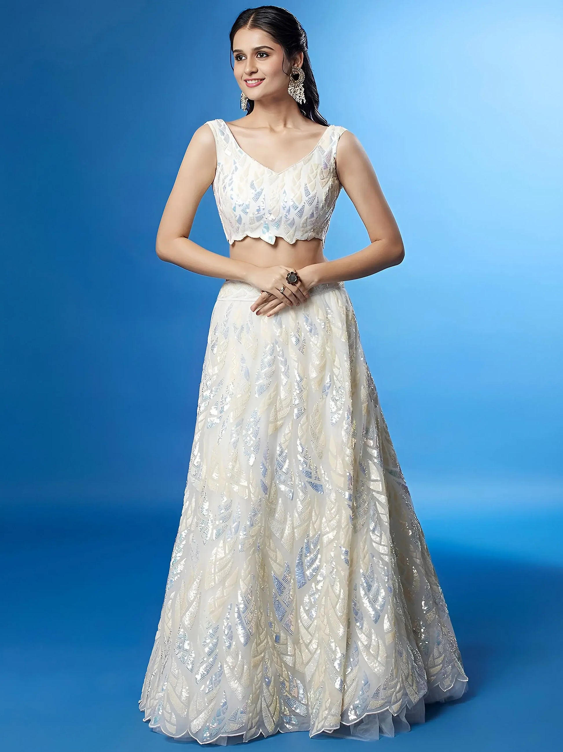 Exquisite White Sequins Net Sangeet Wear Lehenga Choli With Dupatta