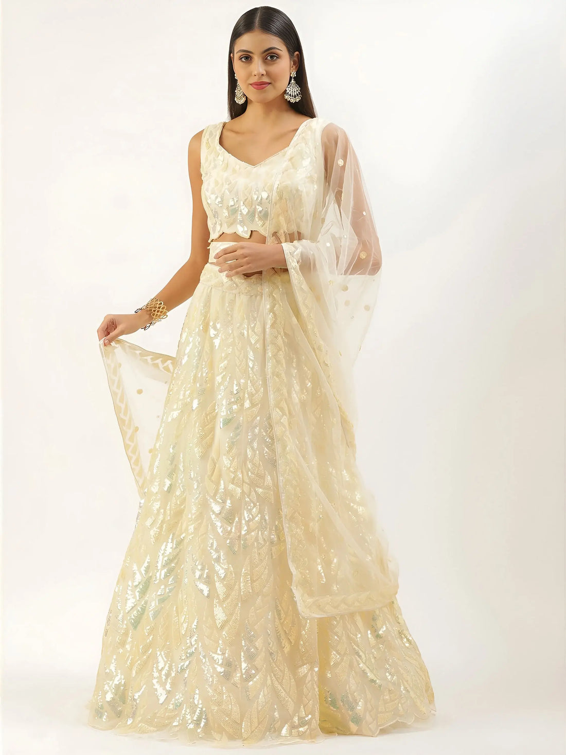 Glorious Beige Sequins Net Festive Wear Lehenga Choli With Dupatta