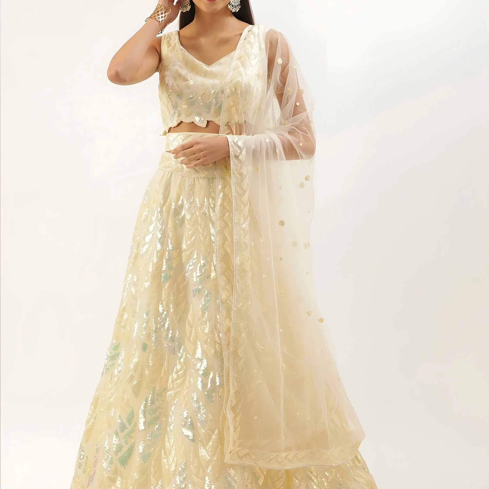 Glorious Beige Sequins Net Festive Wear Lehenga Choli With Dupatta