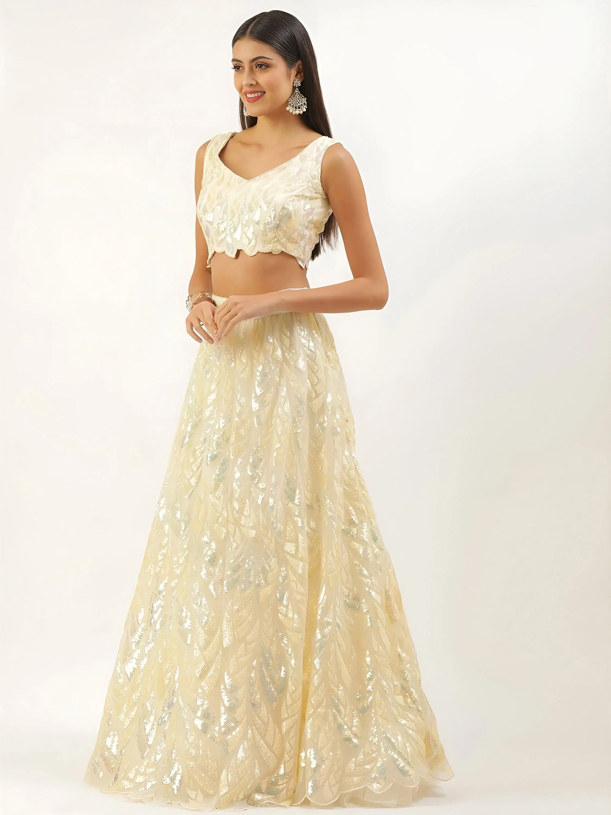 Glorious Beige Sequins Net Festive Wear Lehenga Choli With Dupatta