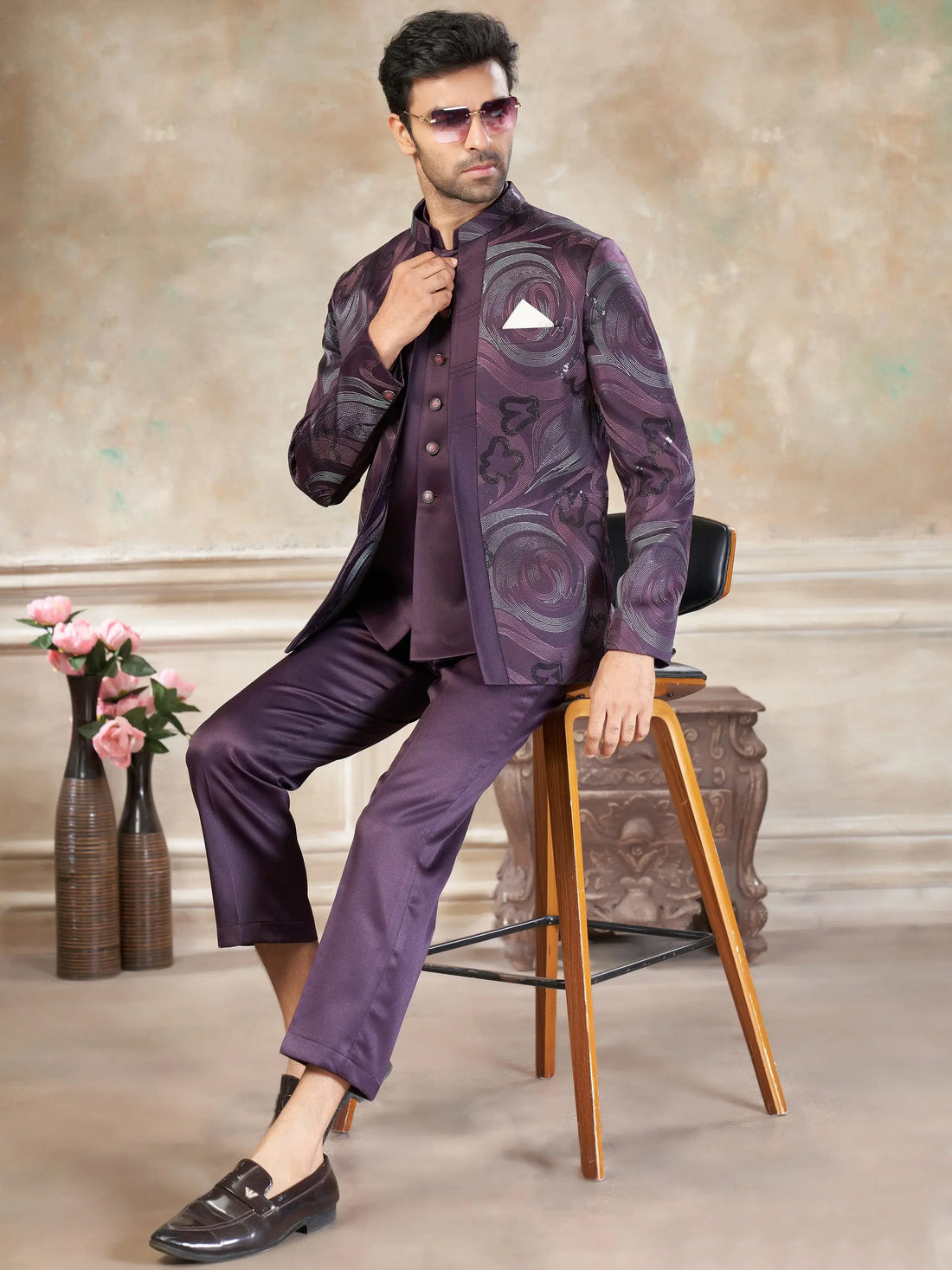 Magnificent Wine Floral Embroidery Imported Engagement Wear Jothpuri Set For Men