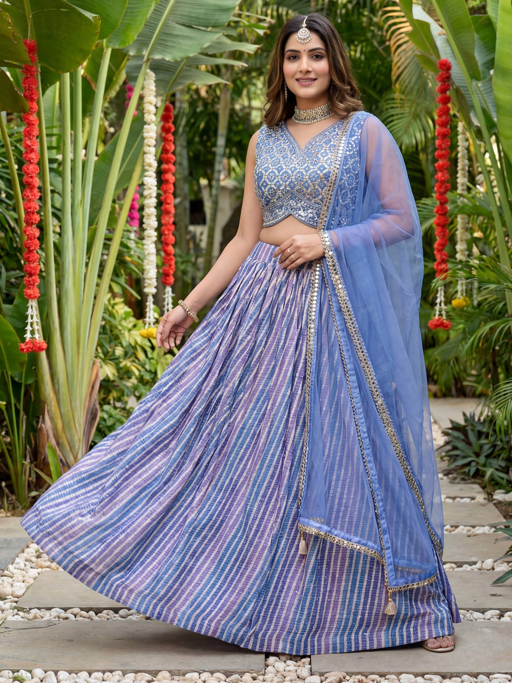 Glowing Lavender Organza Engagement Wear Lehenga With Mirror Work Choli