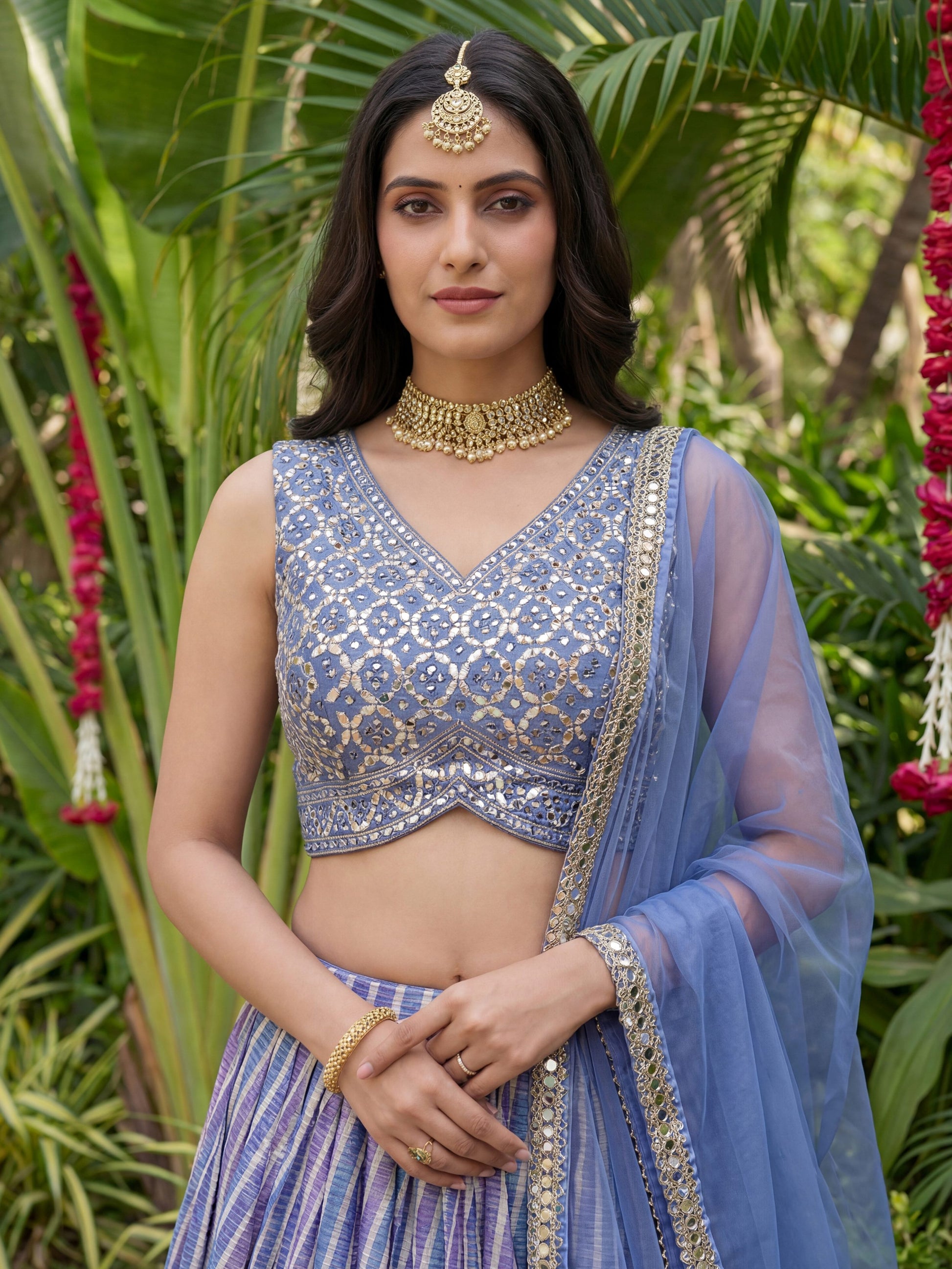 Glowing Lavender Organza Engagement Wear Lehenga With Mirror Work Choli
