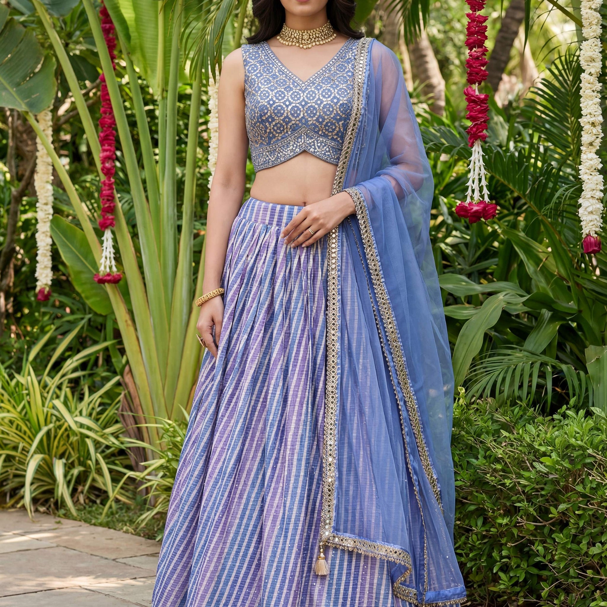 Glowing Lavender Organza Engagement Wear Lehenga With Mirror Work Choli