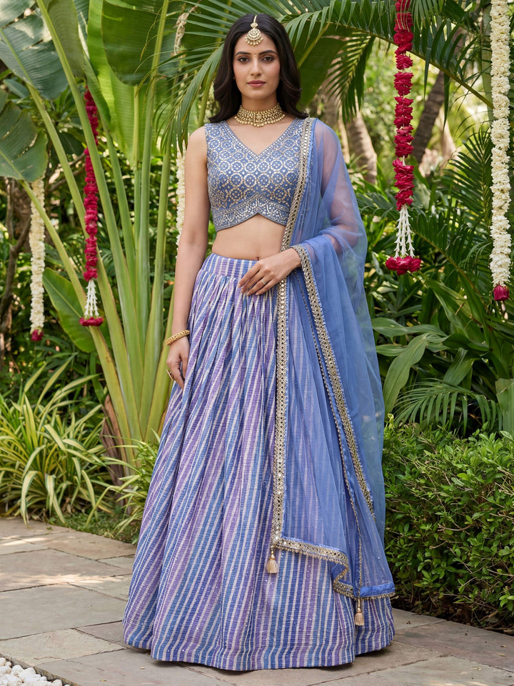 Glowing Lavender Organza Engagement Wear Lehenga With Mirror Work Choli