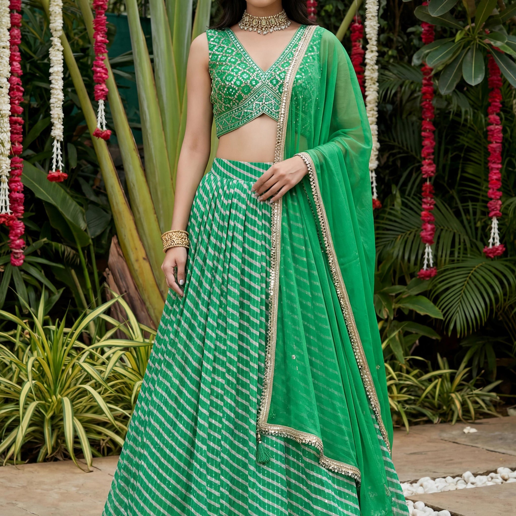 Awesome Green Leheriya Printed Organza Mehendi Wear Lehenga Choli