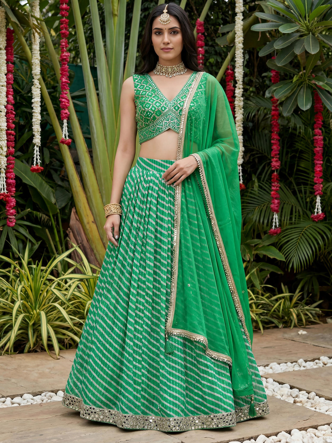 Awesome Green Leheriya Printed Organza Mehendi Wear Lehenga Choli