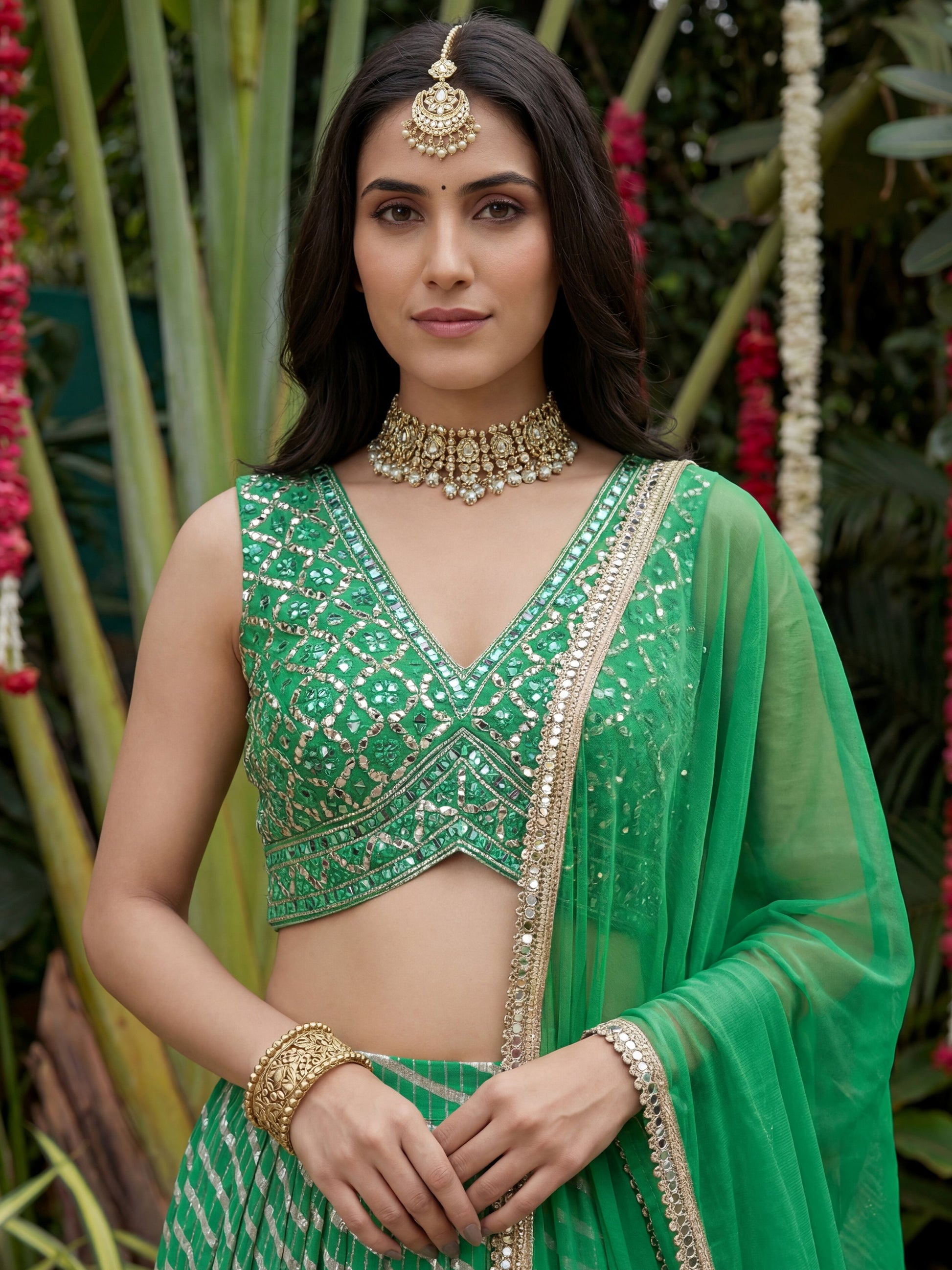 Awesome Green Leheriya Printed Organza Mehendi Wear Lehenga Choli