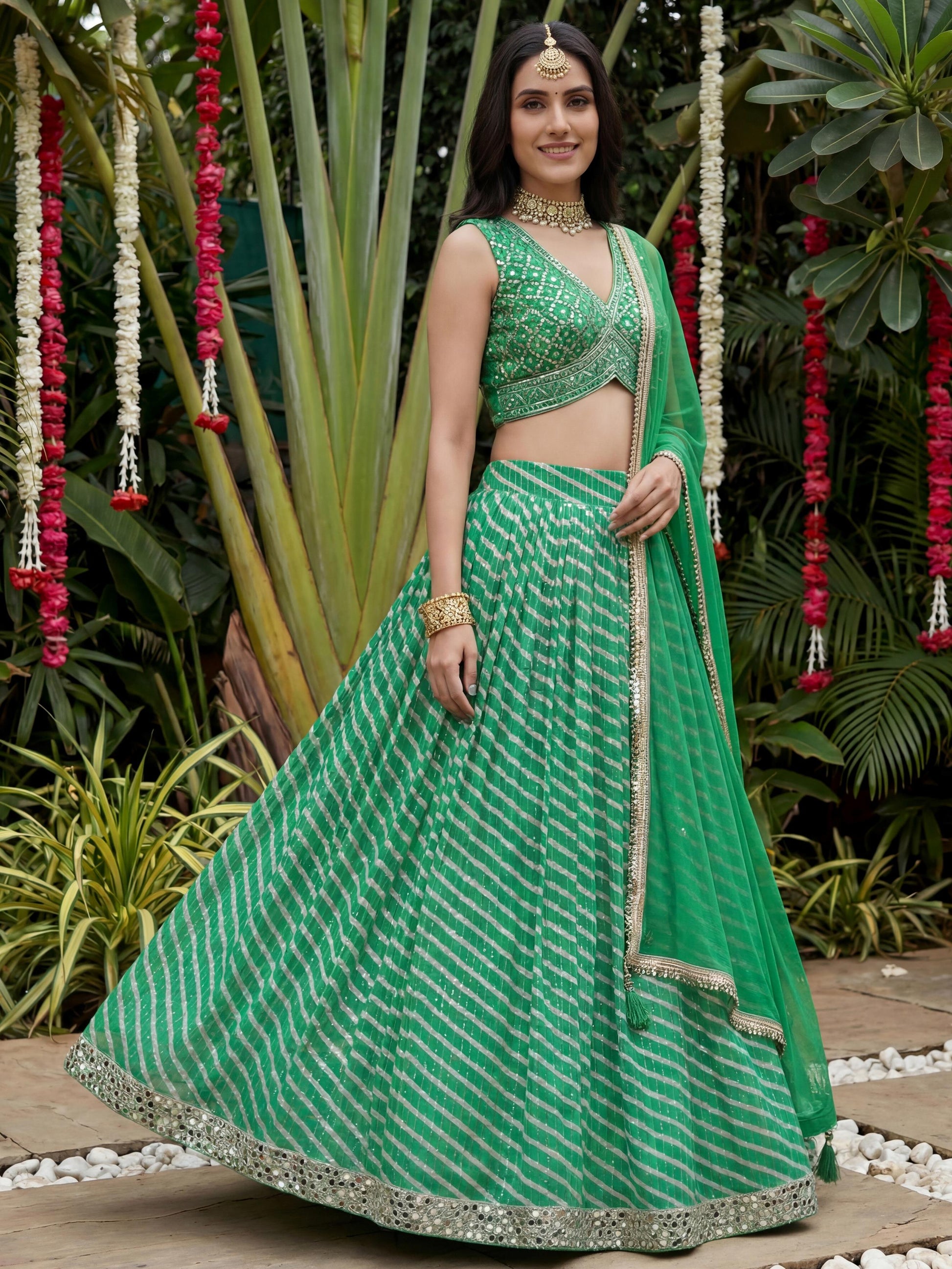 Awesome Green Leheriya Printed Organza Mehendi Wear Lehenga Choli