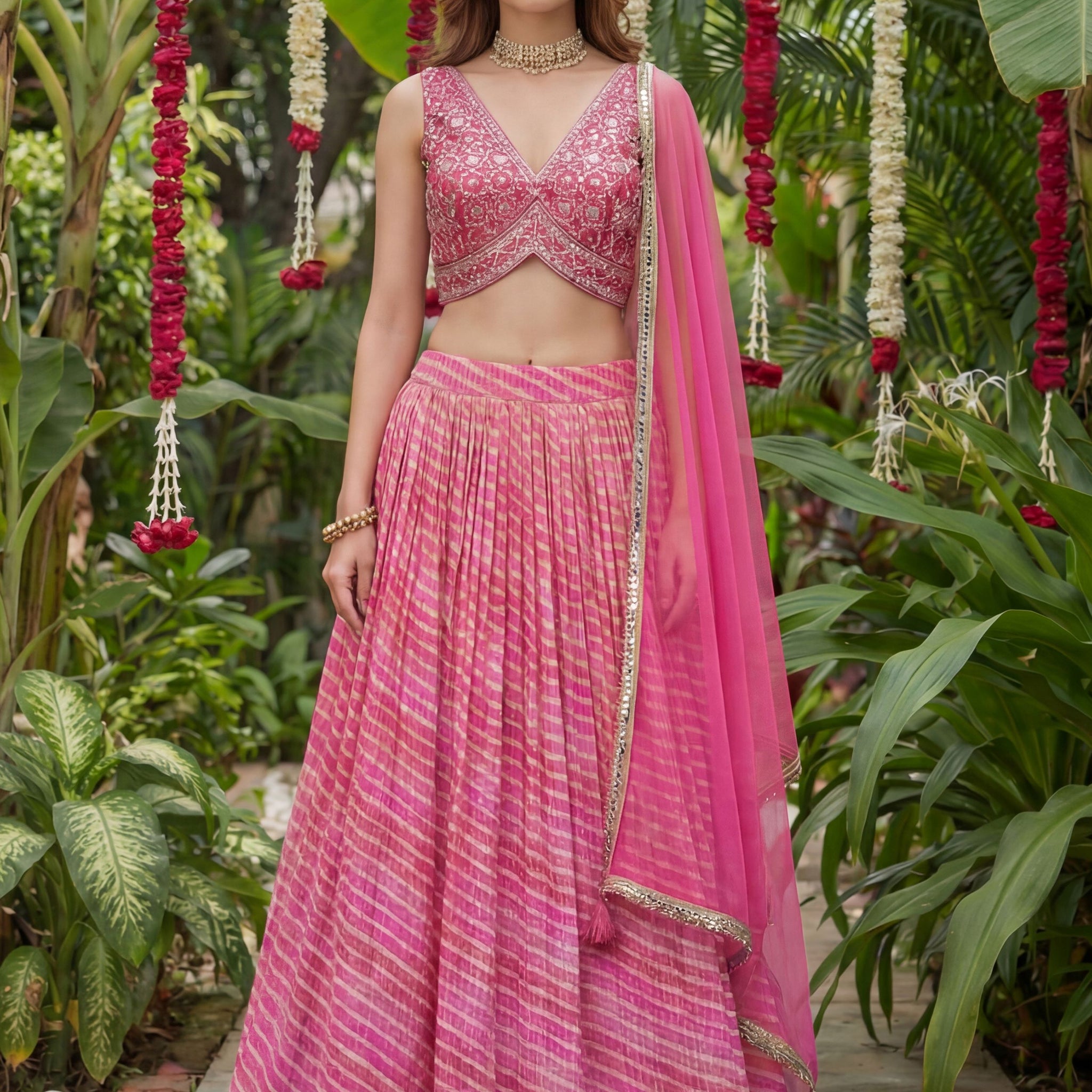 Graceful Pink Printed Organza Sangeet Wear Lehenga Choli With Dupatta