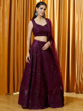 Outstanding Wine Thread Embroidered Net Bridesmaid Lehenga Choli