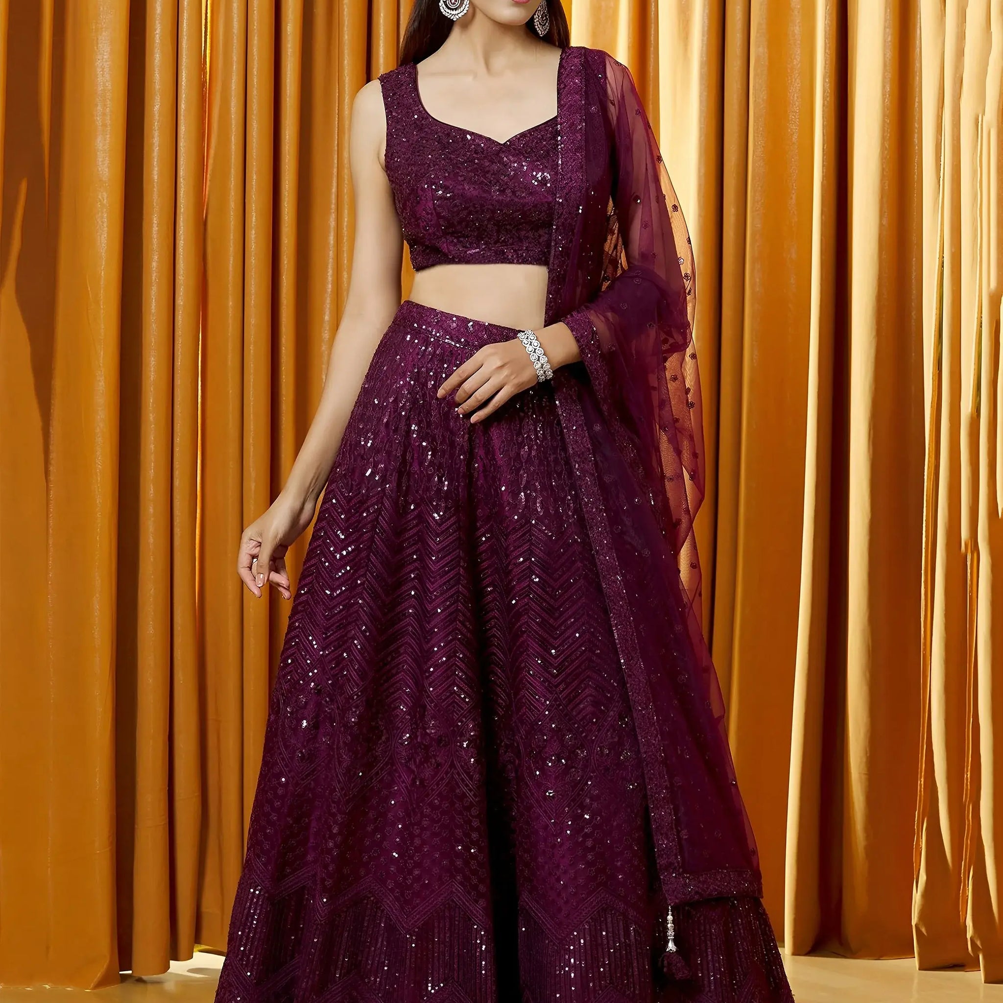 Outstanding Wine Thread Embroidered Net Bridesmaid Lehenga Choli