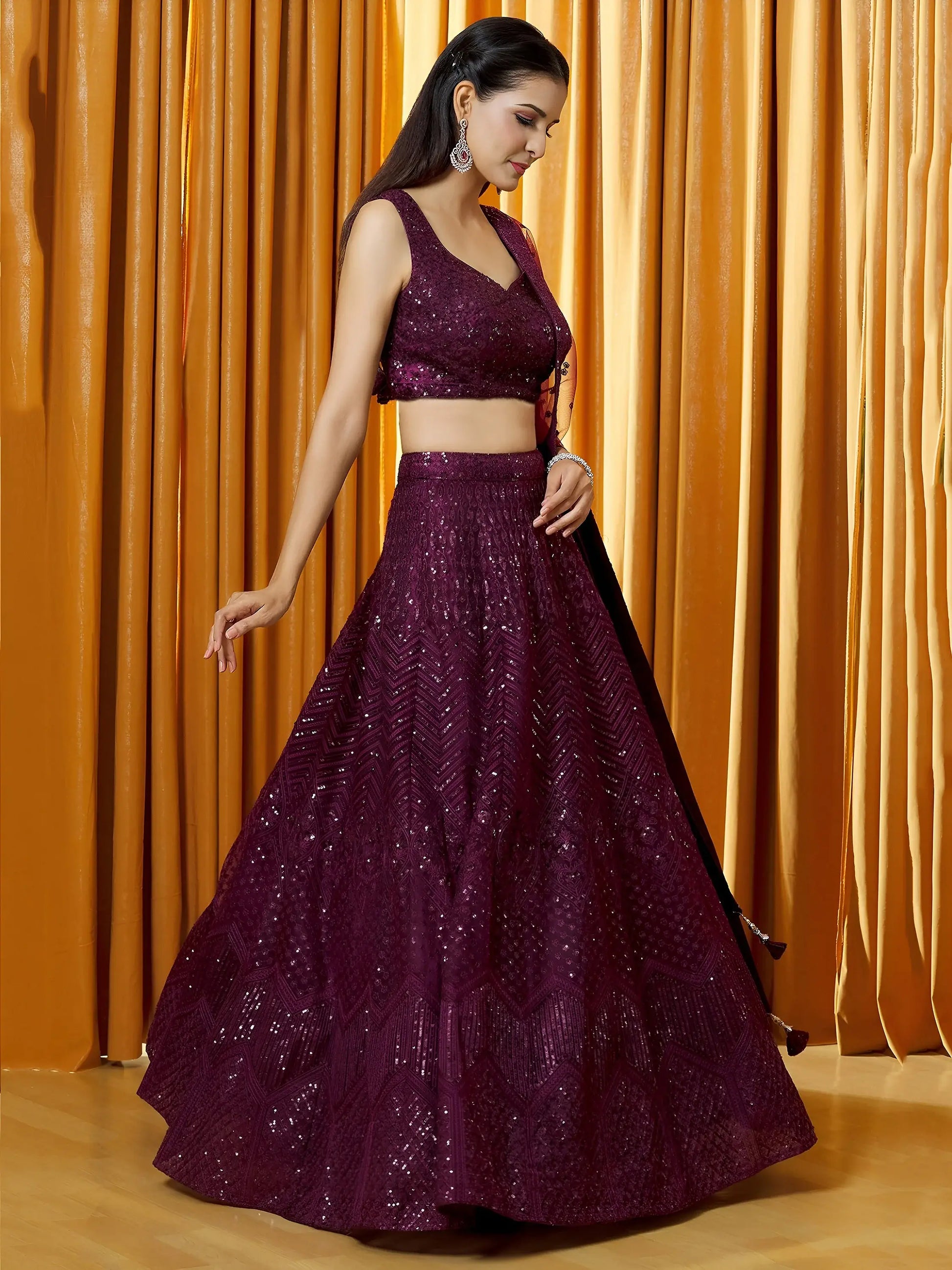 Outstanding Wine Thread Embroidered Net Bridesmaid Lehenga Choli