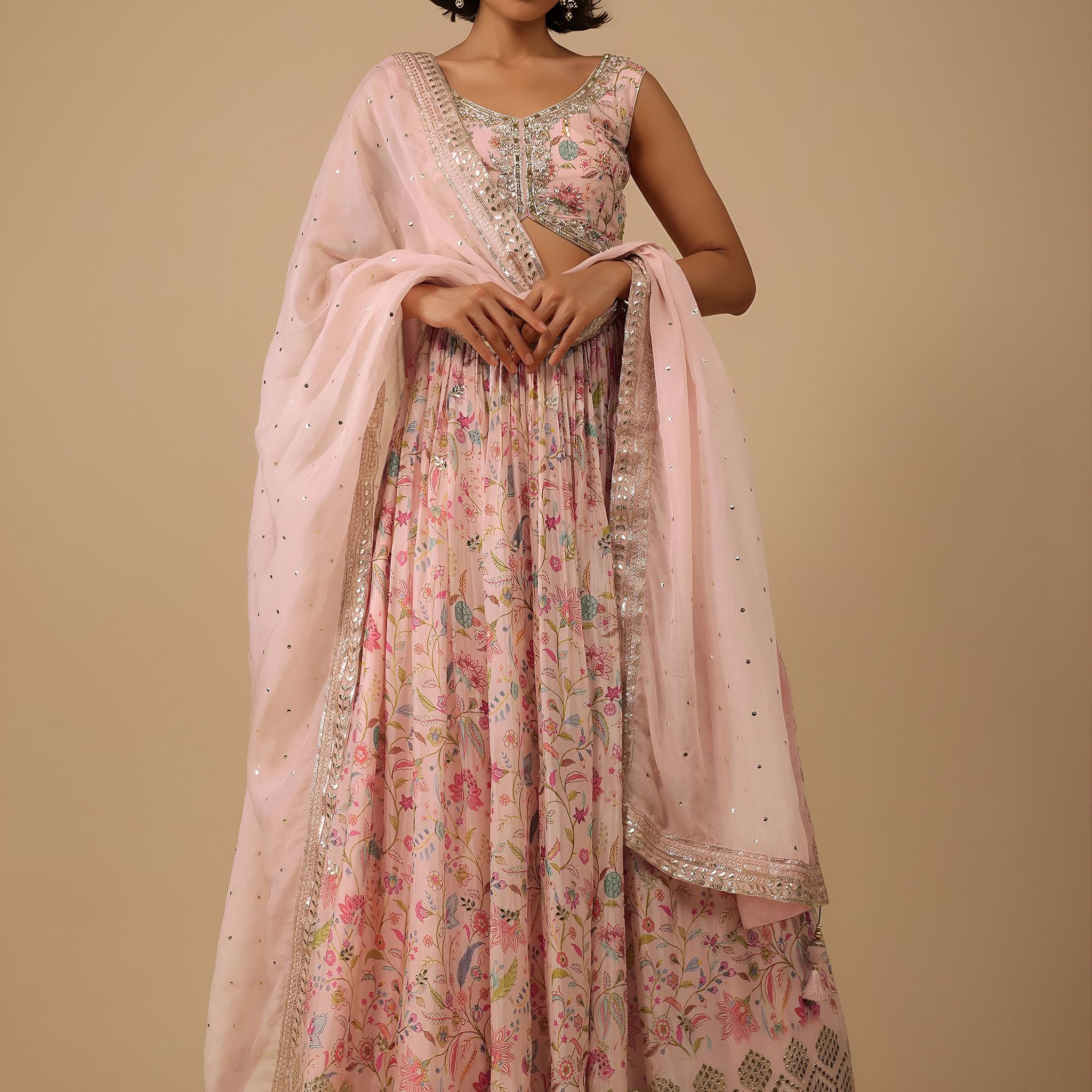 Captivating Peach Digital Printed Organza Lehenga Choli With Dupatta