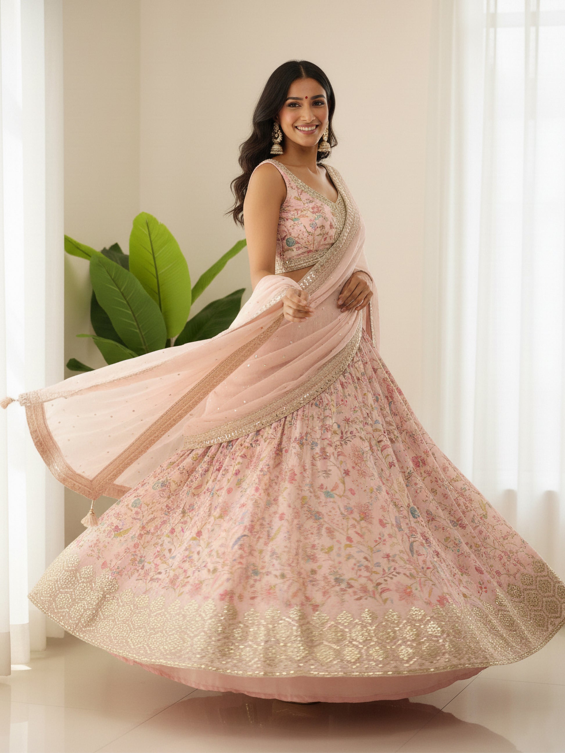 Dreamy Peach Floral Printed Organza Engagement Wear Lehenga Choli With Dupatta