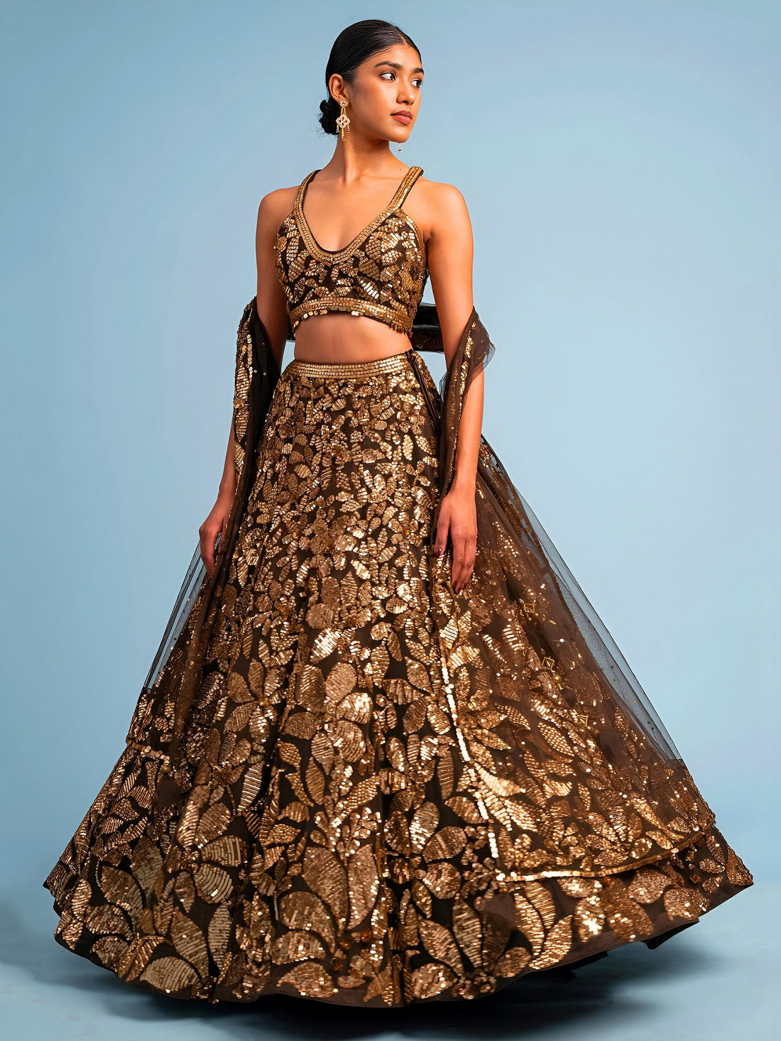 Attractive Brown Sequins Embroidery Net Party Wear Lehenga Choli With Dupatta