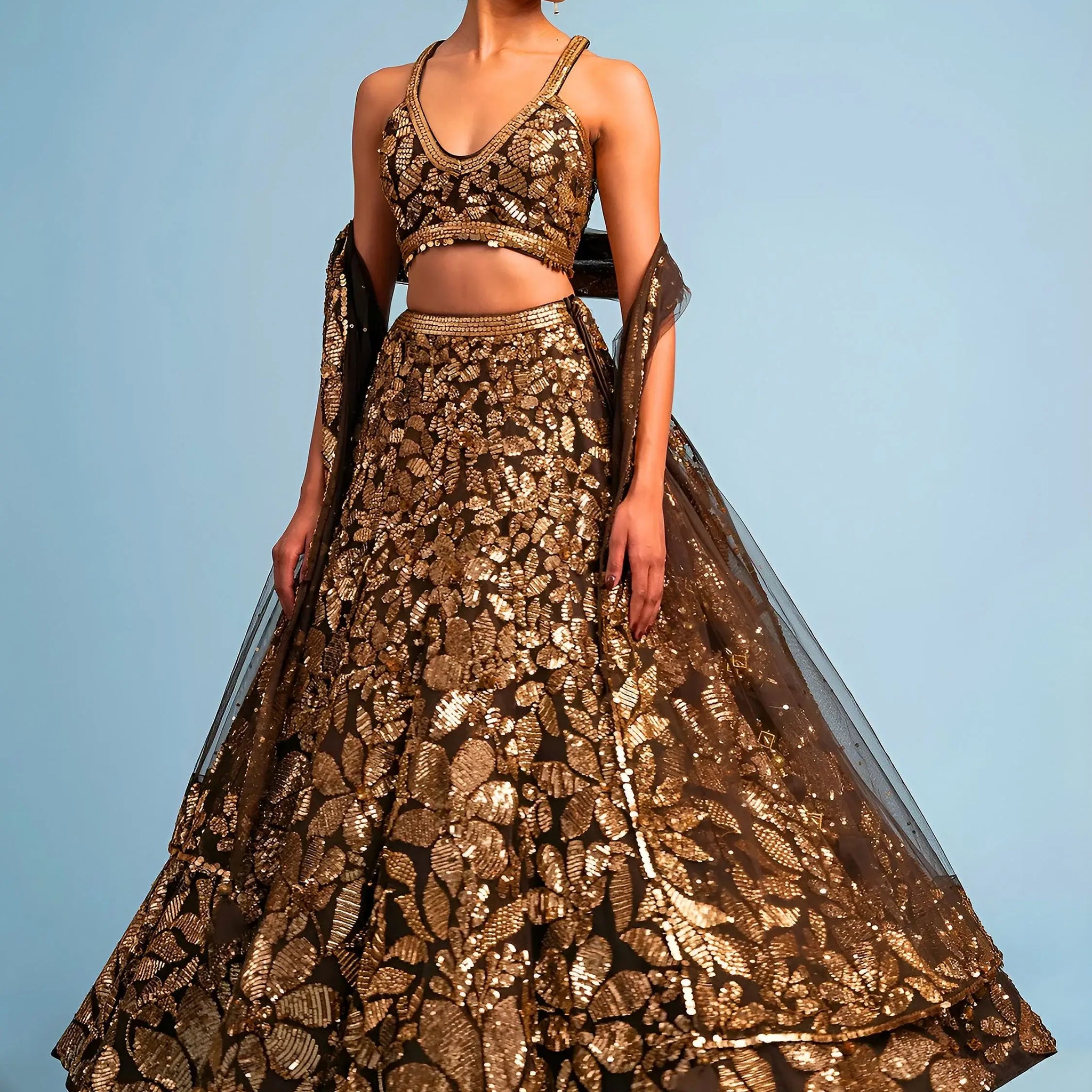 Attractive Brown Sequins Embroidery Net Party Wear Lehenga Choli With Dupatta