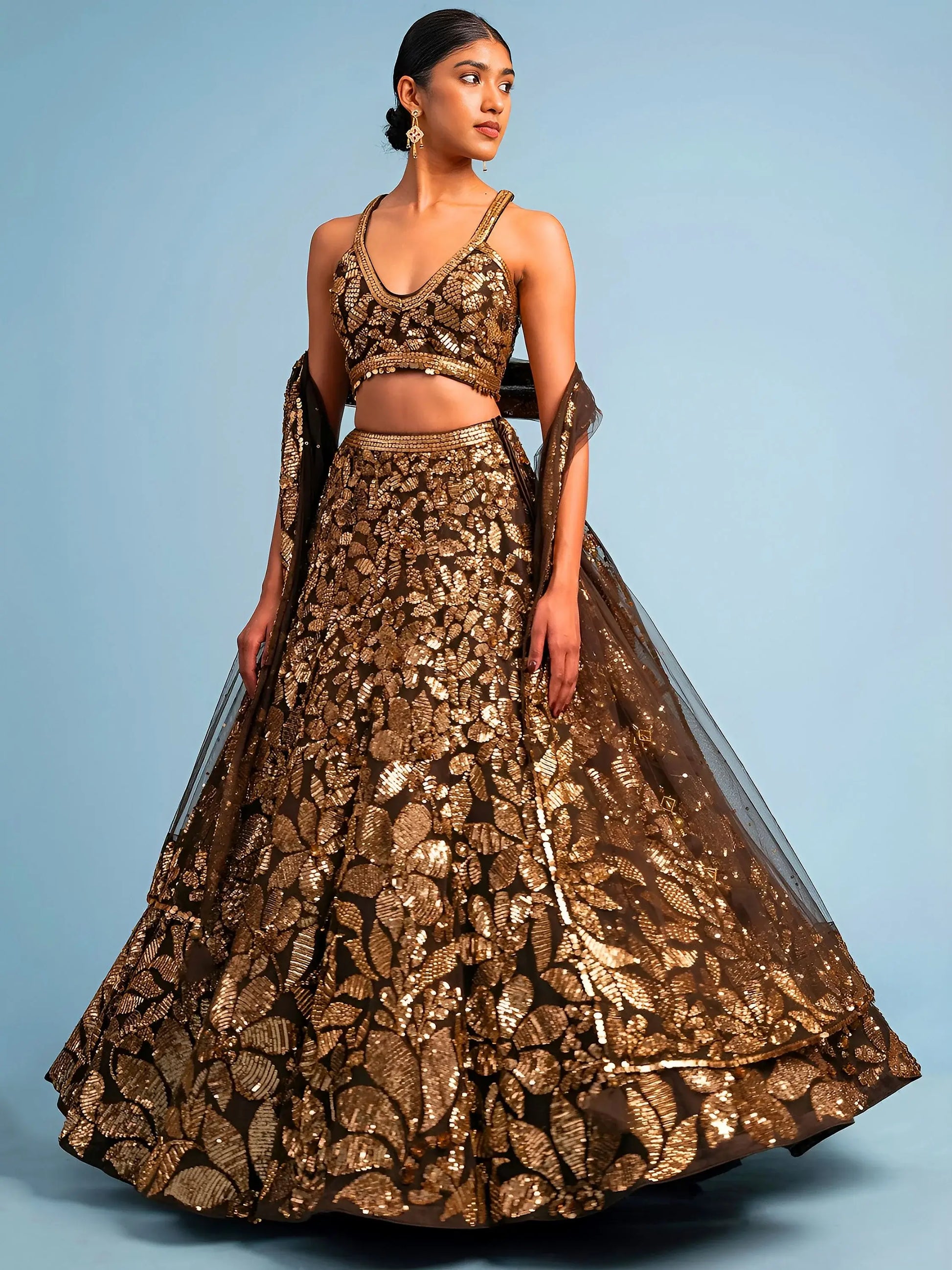 Attractive Brown Sequins Embroidery Net Party Wear Lehenga Choli With Dupatta