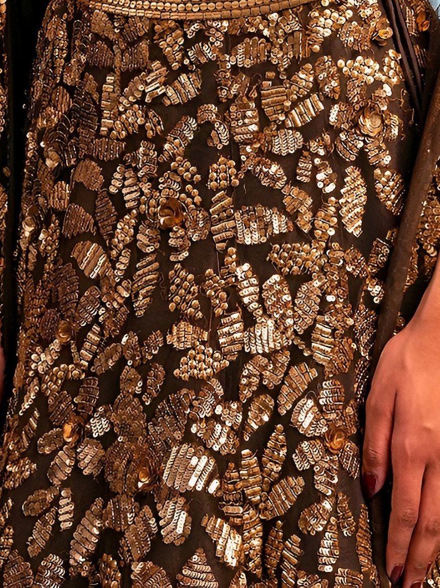 Attractive Brown Sequins Embroidery Net Party Wear Lehenga Choli With Dupatta