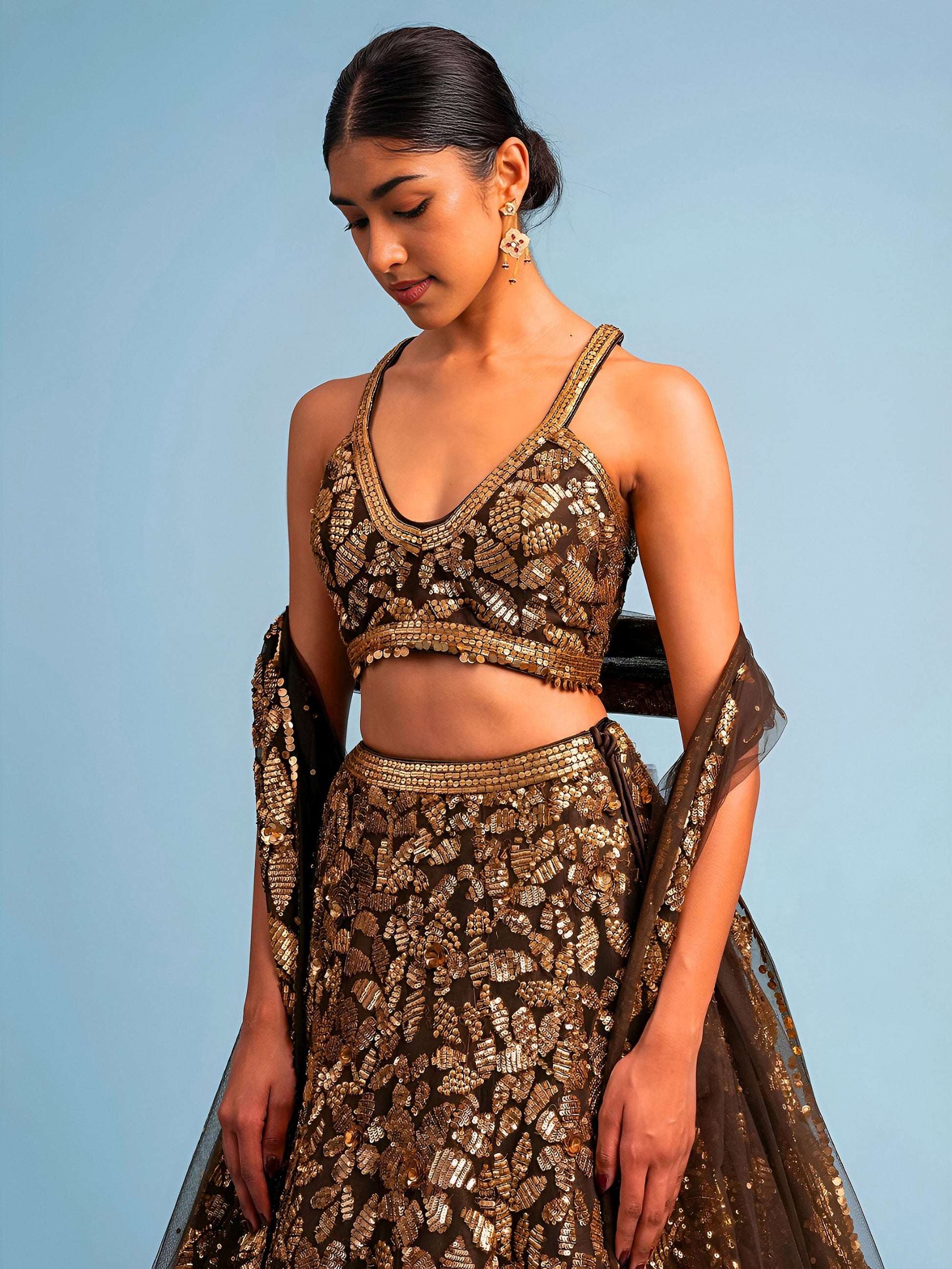 Attractive Brown Sequins Embroidery Net Party Wear Lehenga Choli With Dupatta