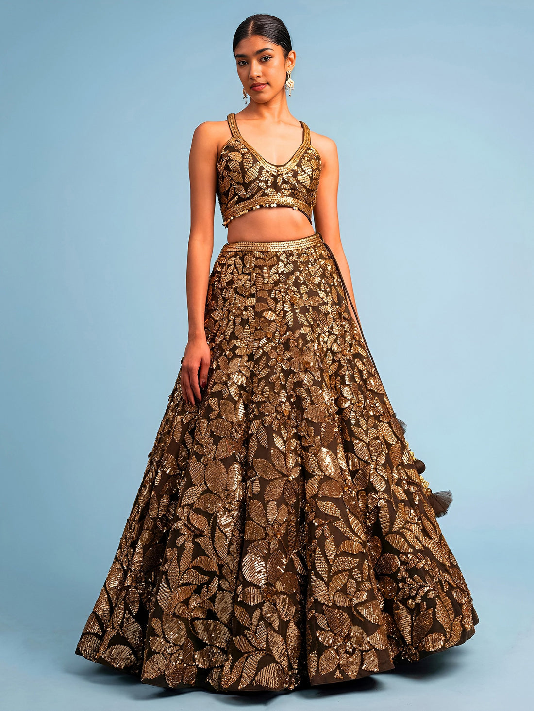 Attractive Brown Sequins Embroidery Net Party Wear Lehenga Choli With Dupatta