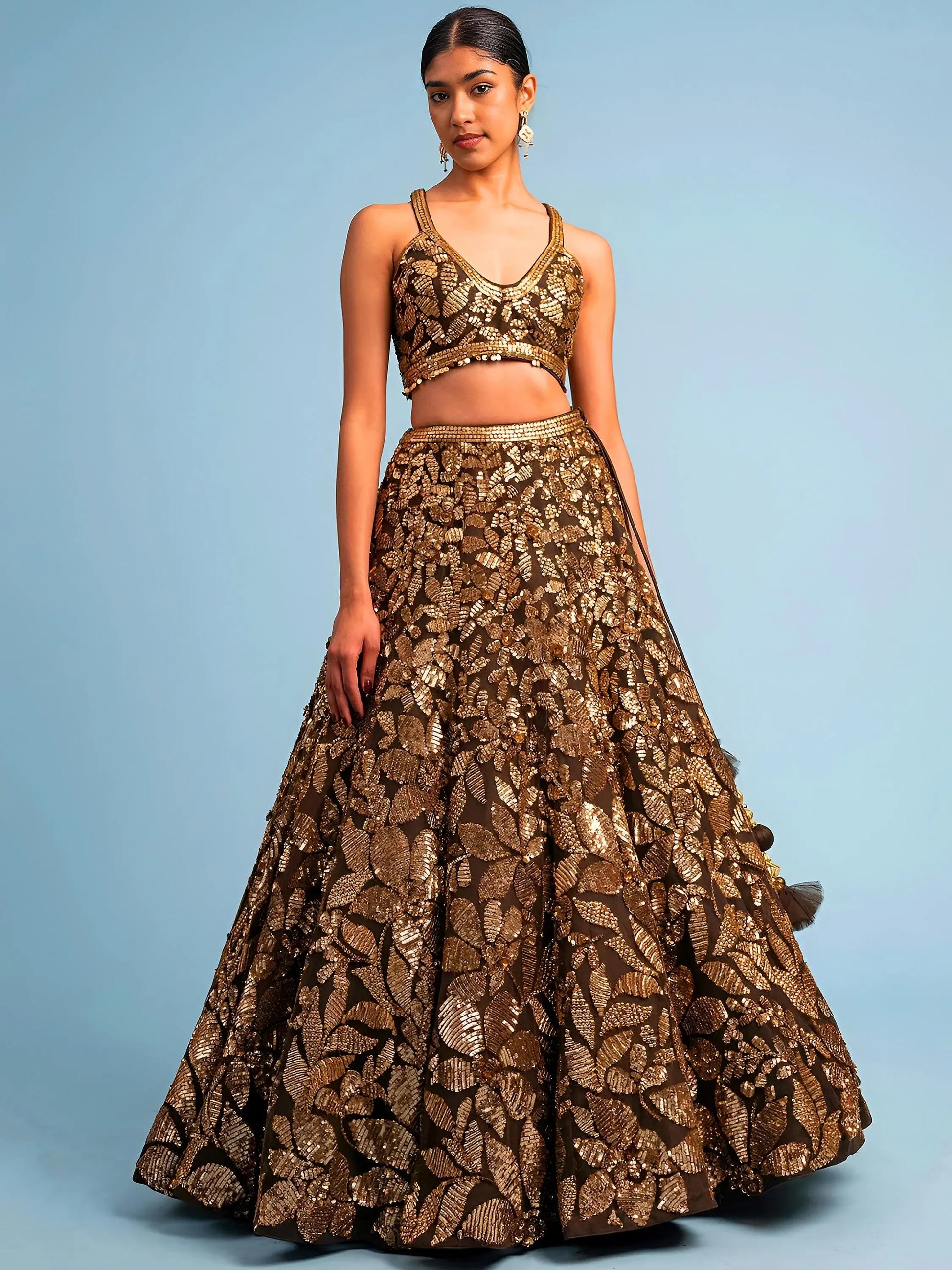 Attractive Brown Sequins Embroidery Net Party Wear Lehenga Choli With Dupatta