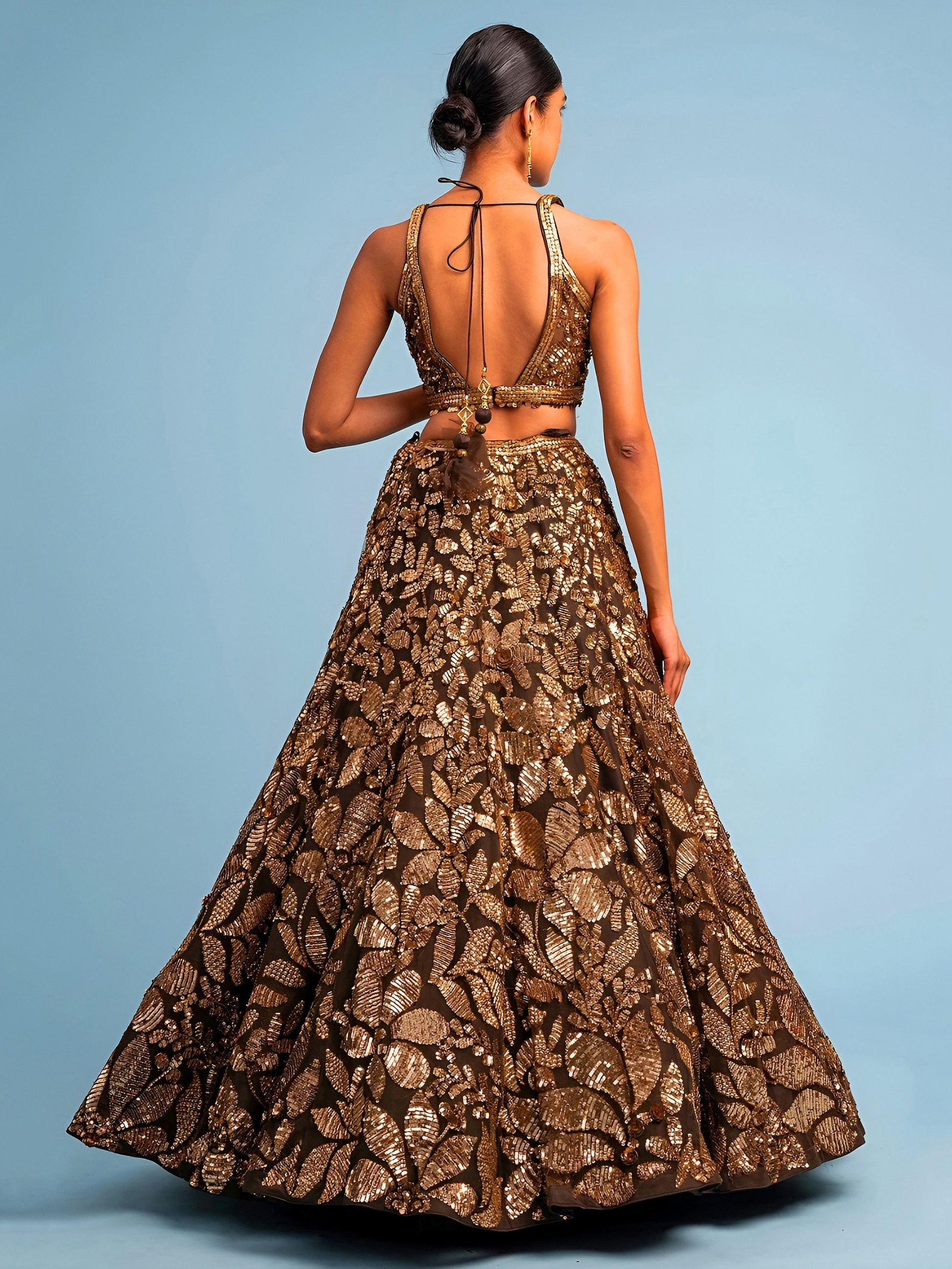 Attractive Brown Sequins Embroidery Net Party Wear Lehenga Choli With Dupatta