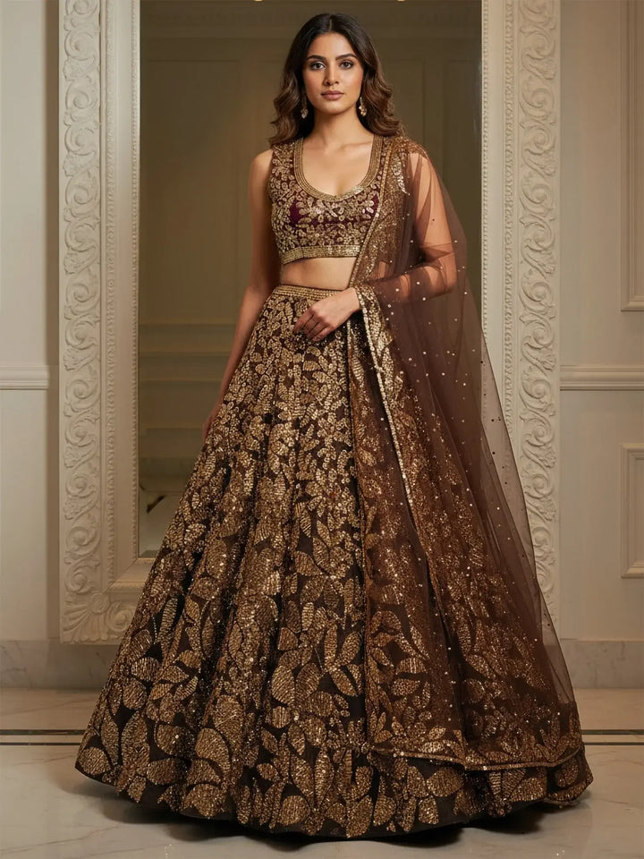 Dreamy Brown Sequins Work Net Sangeet Wear Lehenga Choli With Dupatta