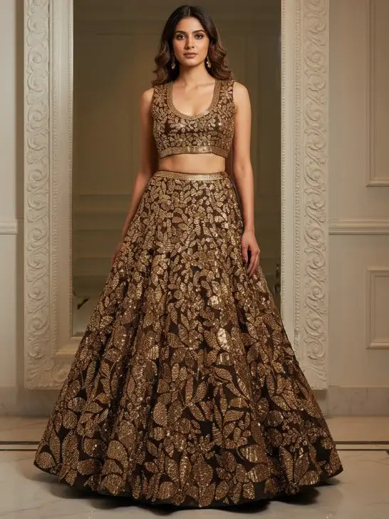Dreamy Brown Sequins Work Net Sangeet Wear Lehenga Choli With Dupatta