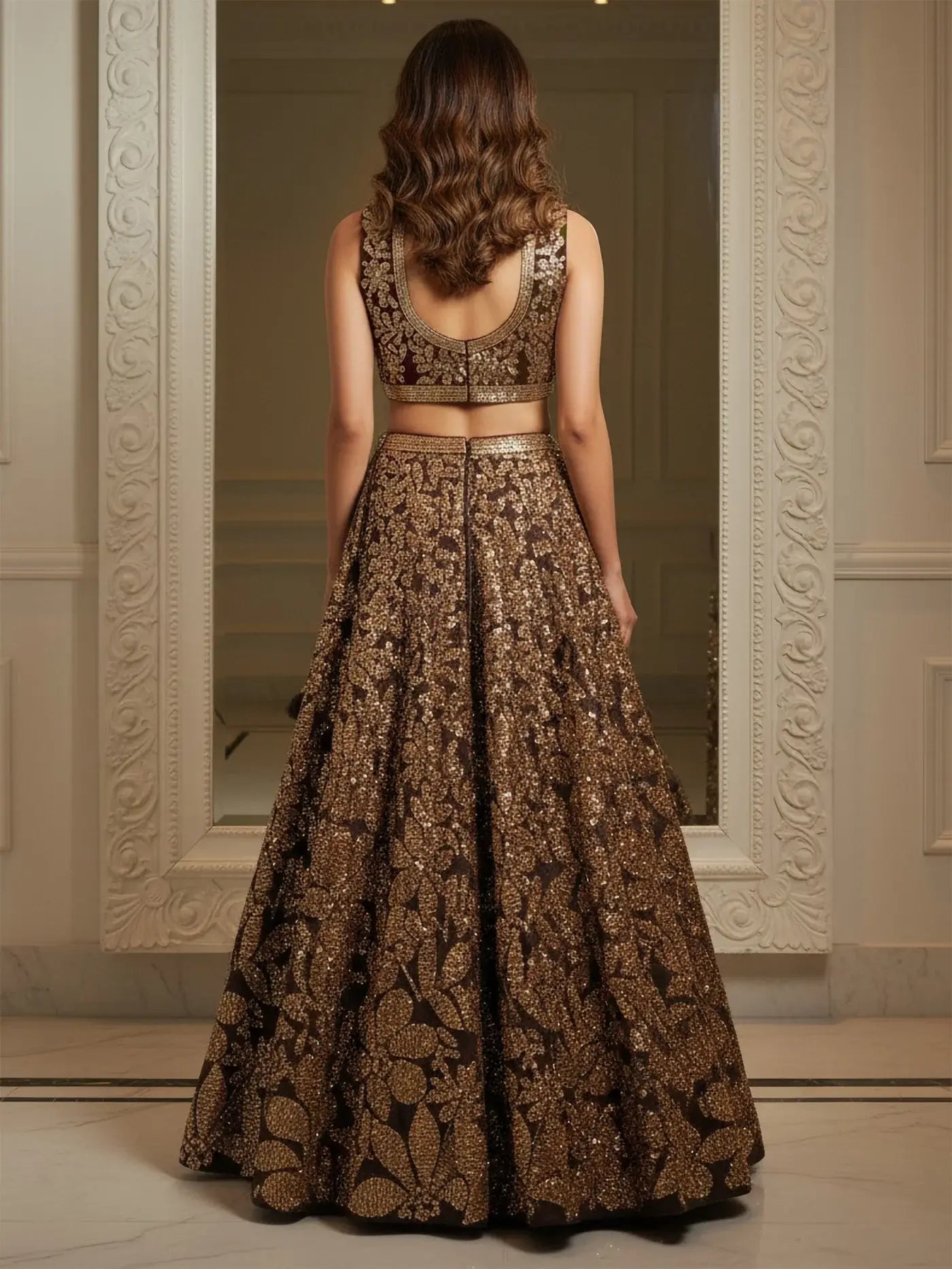 Dreamy Brown Sequins Work Net Sangeet Wear Lehenga Choli With Dupatta