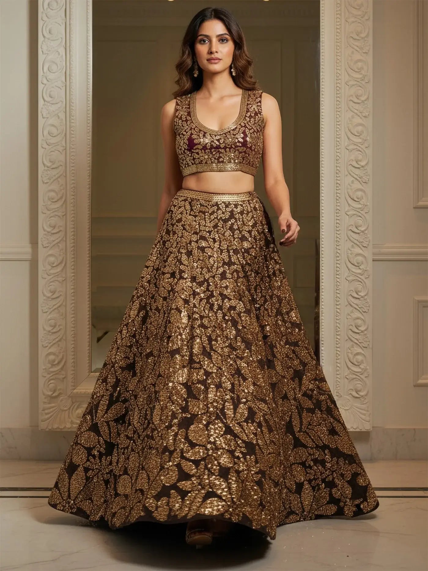 Dreamy Brown Sequins Work Net Sangeet Wear Lehenga Choli With Dupatta