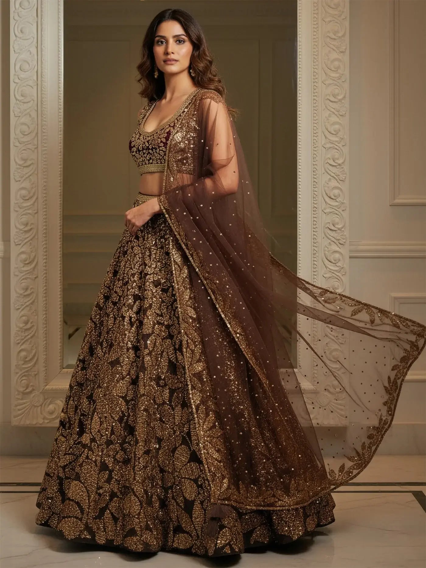 Dreamy Brown Sequins Work Net Sangeet Wear Lehenga Choli With Dupatta