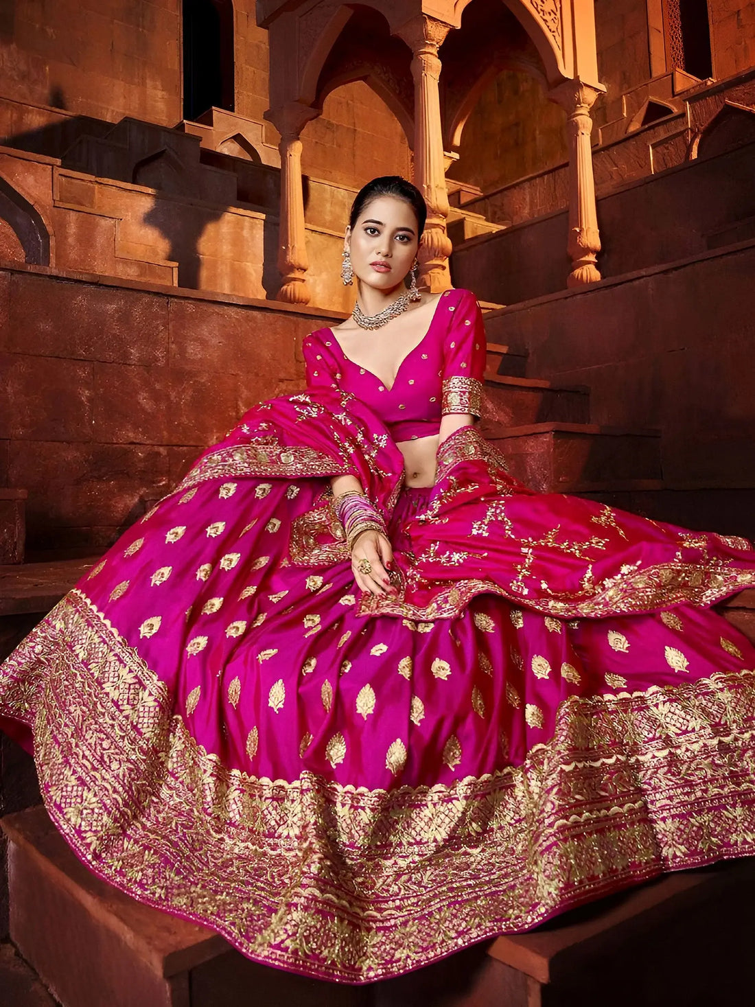 Beautiful Hot Pink Sequins Silk Wedding Lehenga Choli With Dupatta